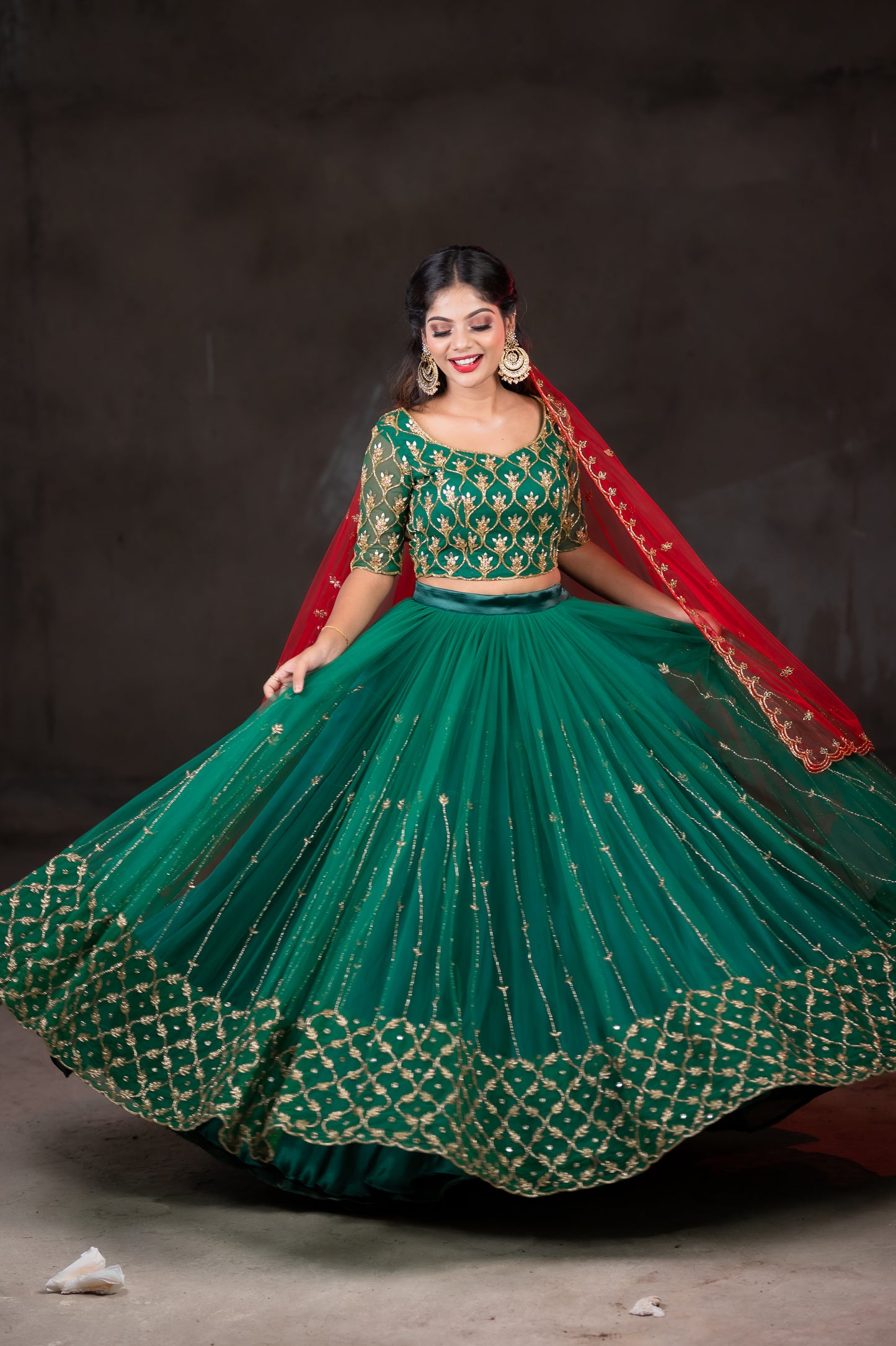 Green lehenga embroidery work with Red dupatta