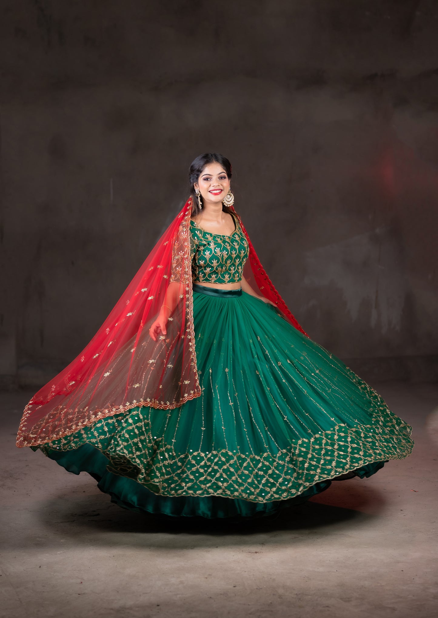 Green lehenga embroidery work with Red dupatta
