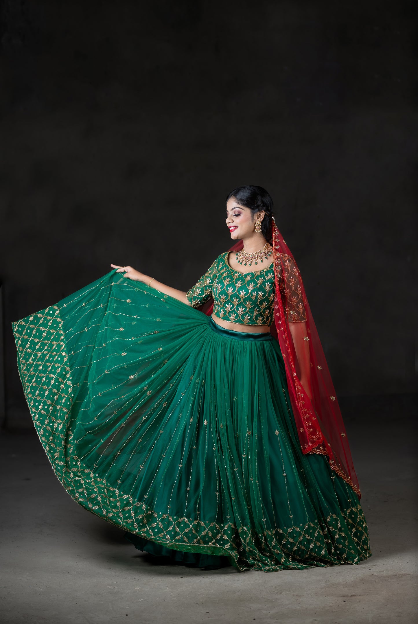 Green lehenga embroidery work with Red dupatta