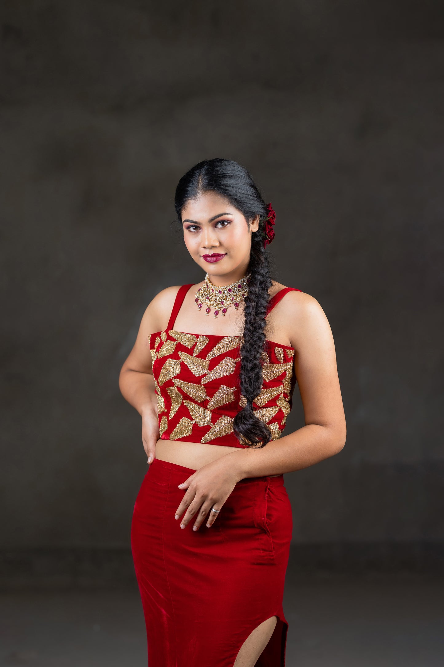 Red velvet blouse with embroidery work