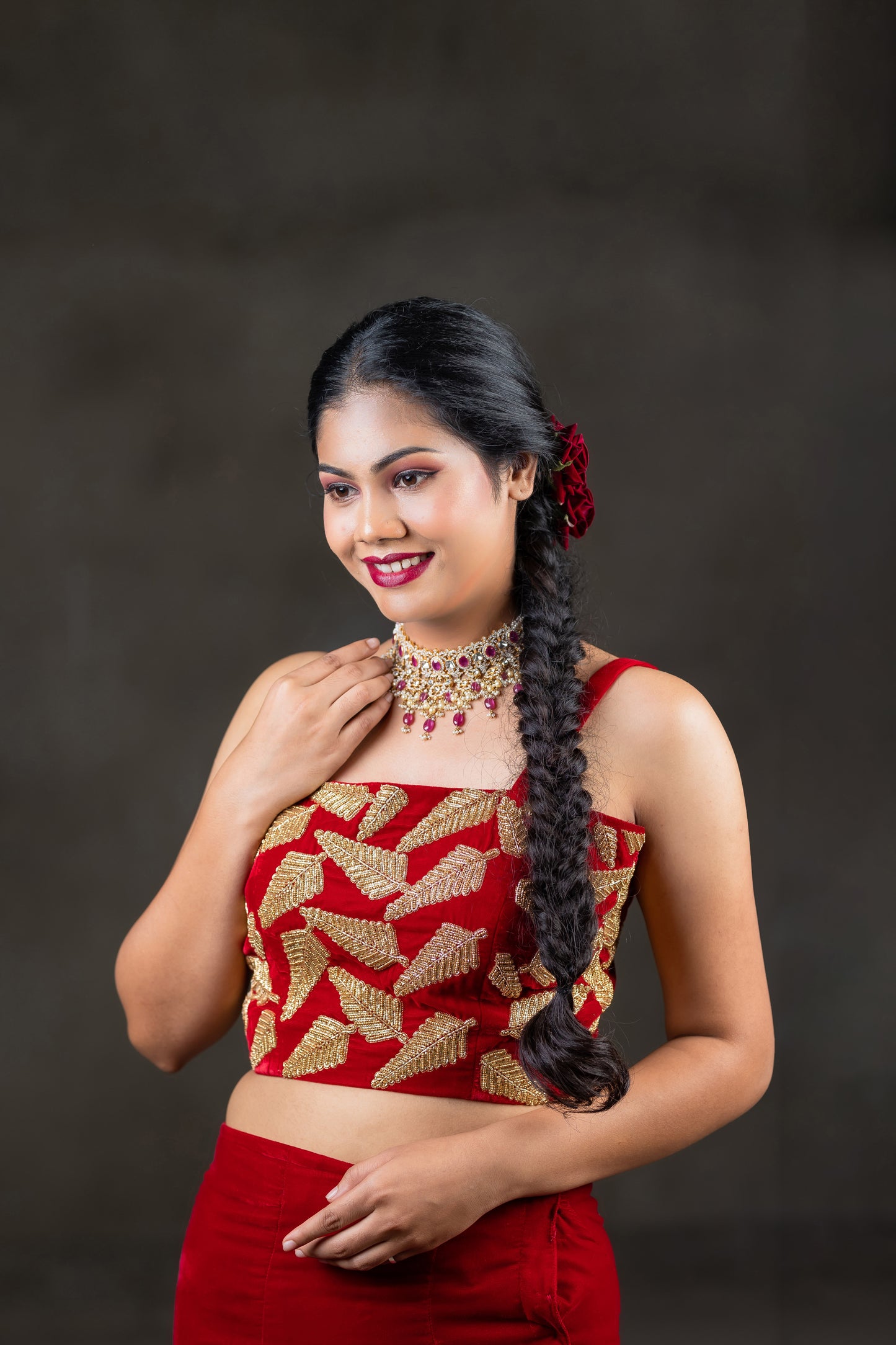 Red velvet blouse with embroidery work