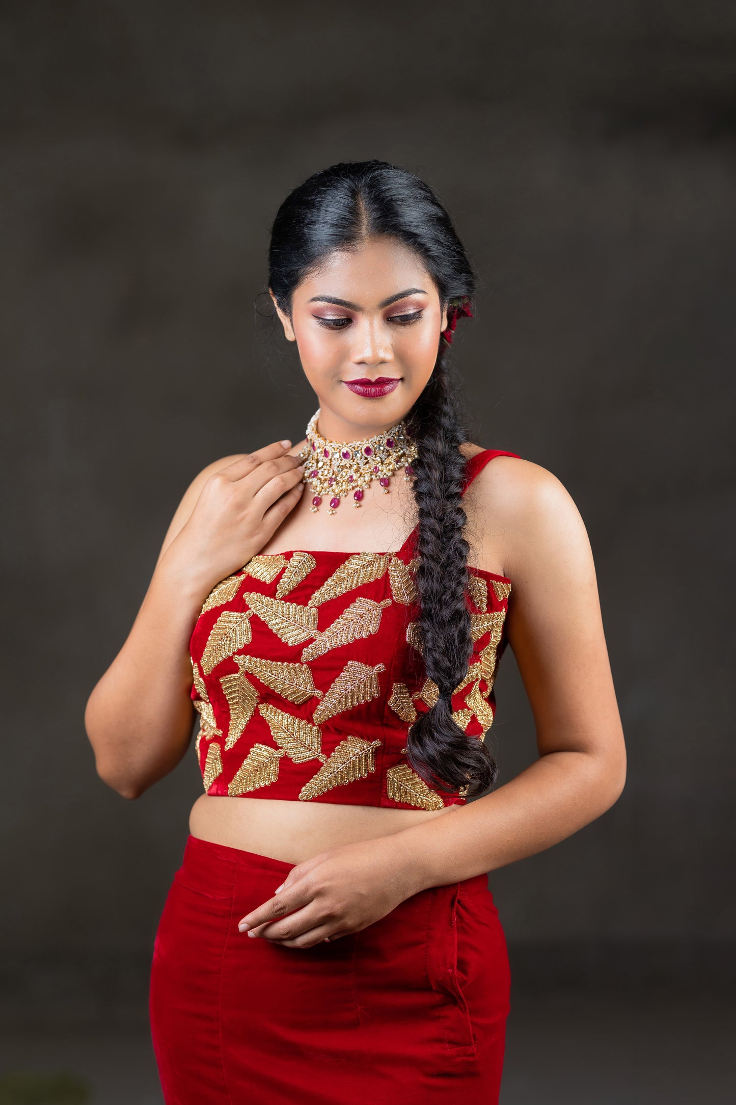 Red velvet blouse with embroidery work