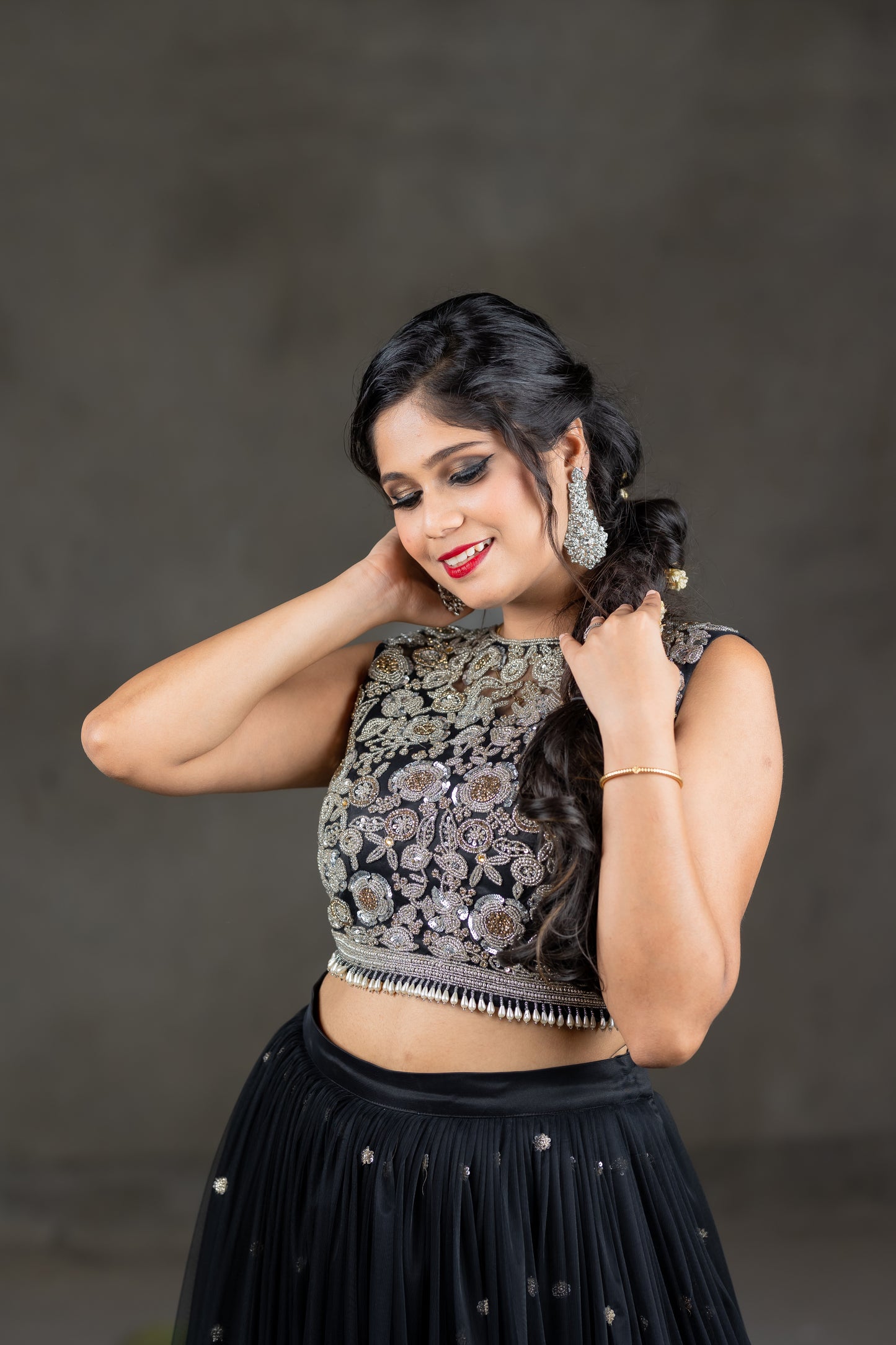 SILVER EMBROIDERY CROP TOP & LEHENGA