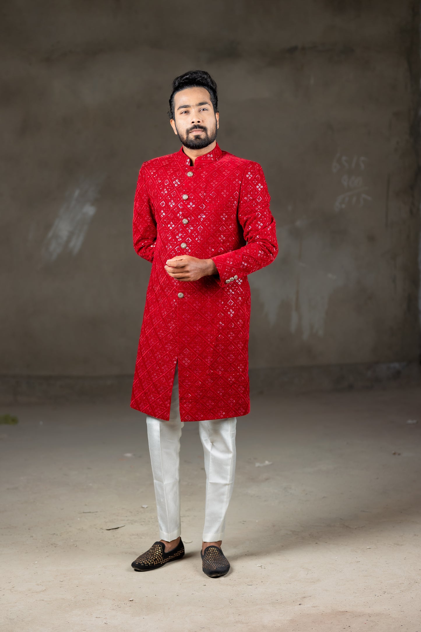 RED VELVET SHERWANI & WHITE PANT