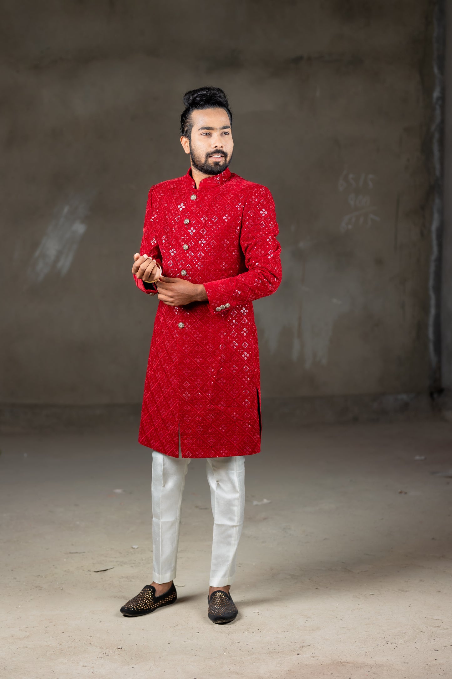 RED VELVET SHERWANI & WHITE PANT