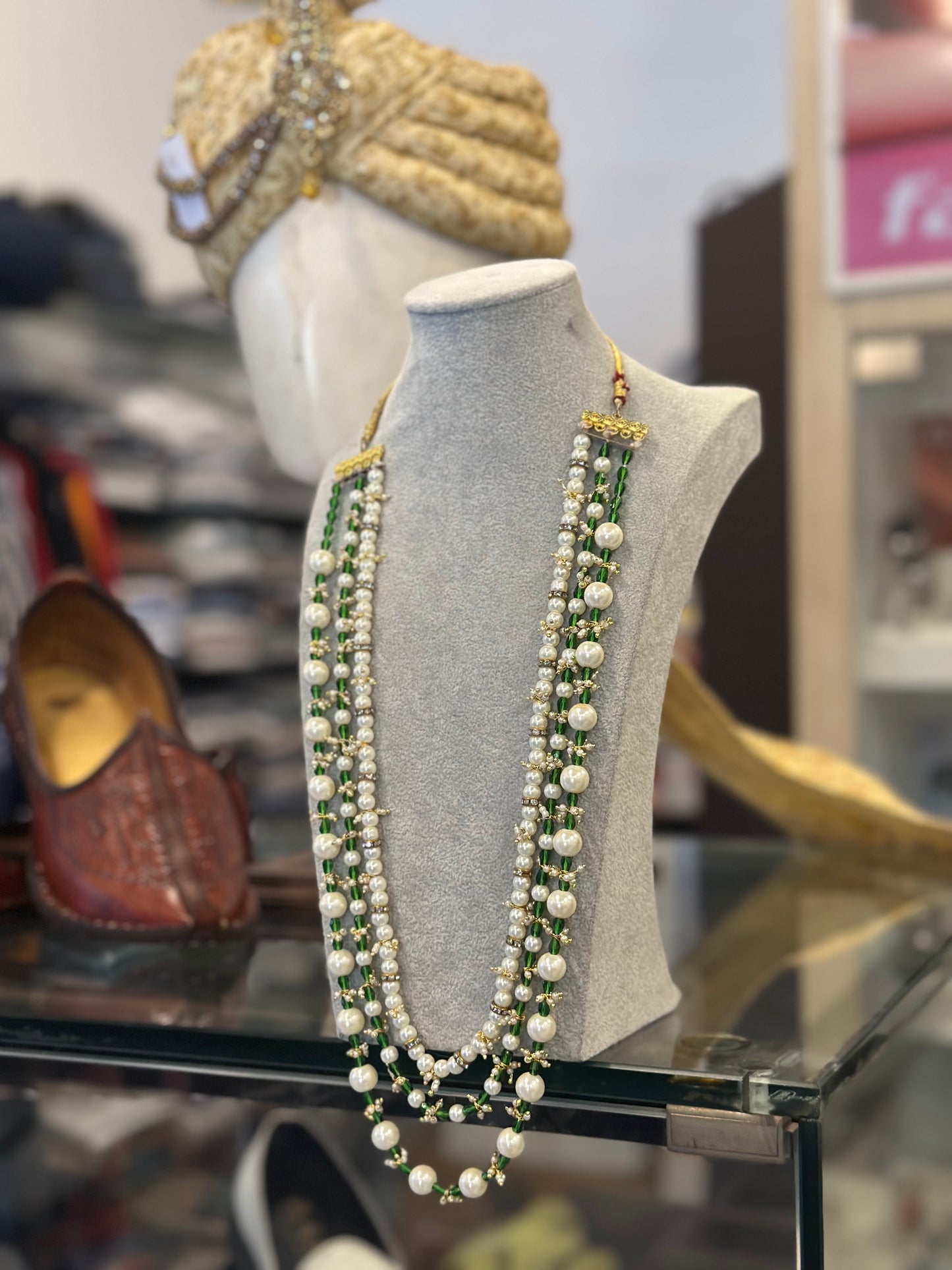 Pearl white & forest green groom mala