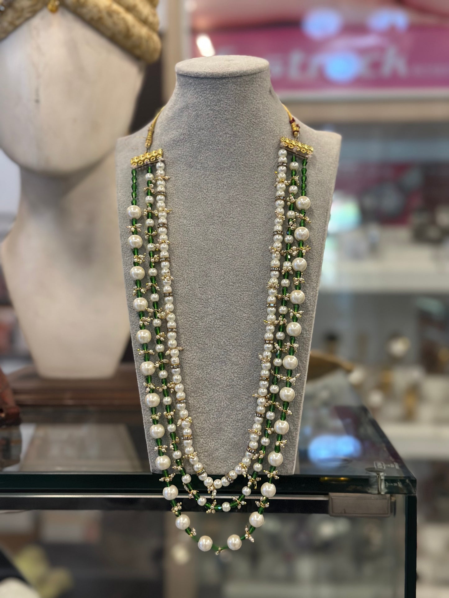 Pearl white & forest green groom mala