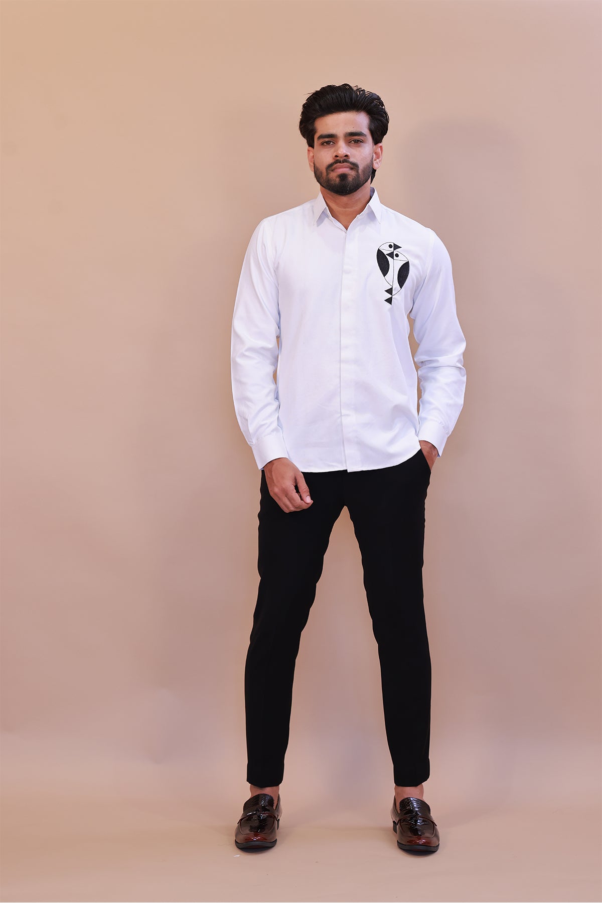 White Designer Shirt with White Embroidered Bird Motif