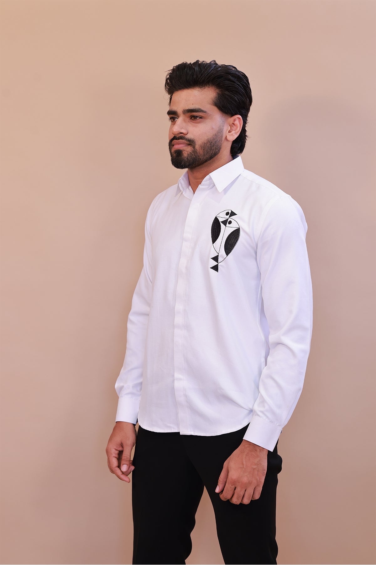 White Designer Shirt with White Embroidered Bird Motif