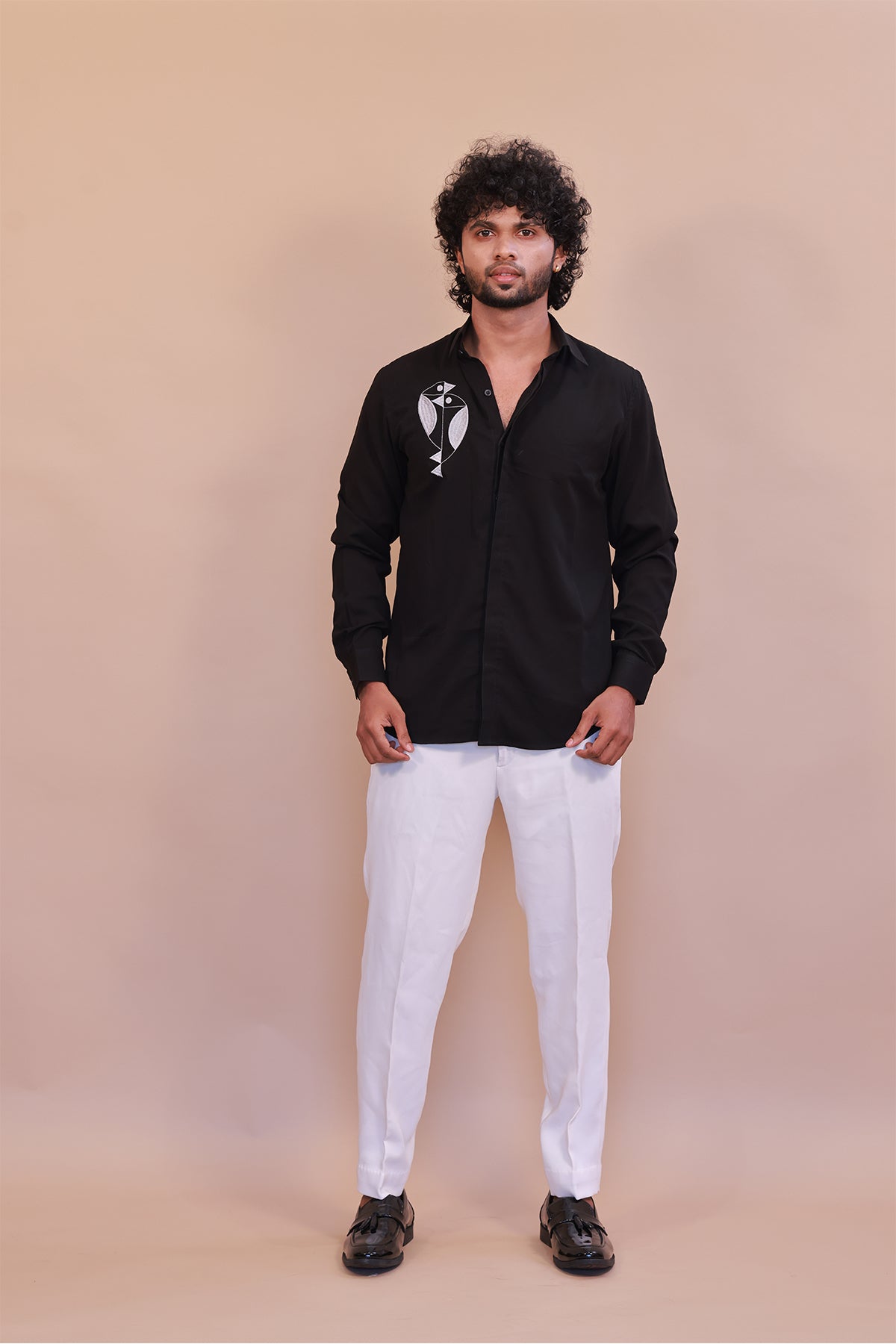 Black Designer Shirt with White Embroidered Bird Motif