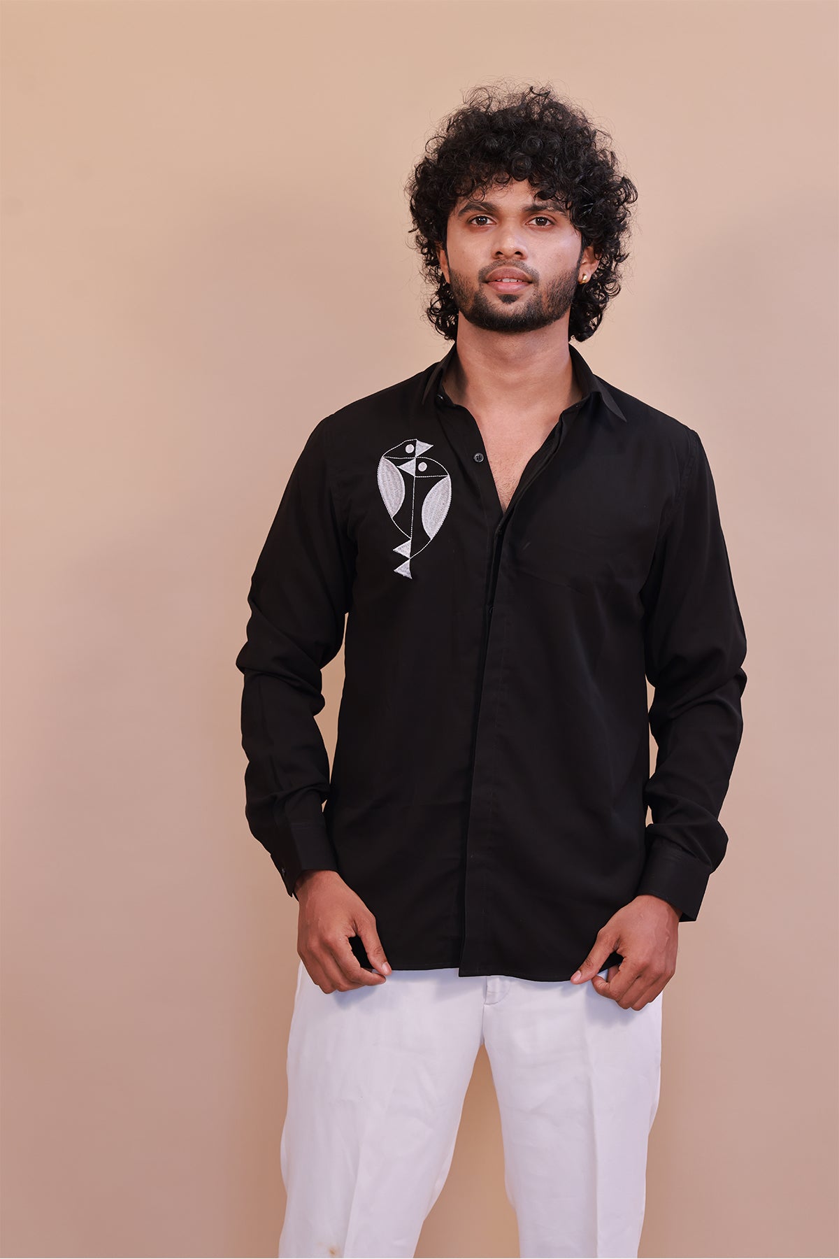 Black Designer Shirt with White Embroidered Bird Motif