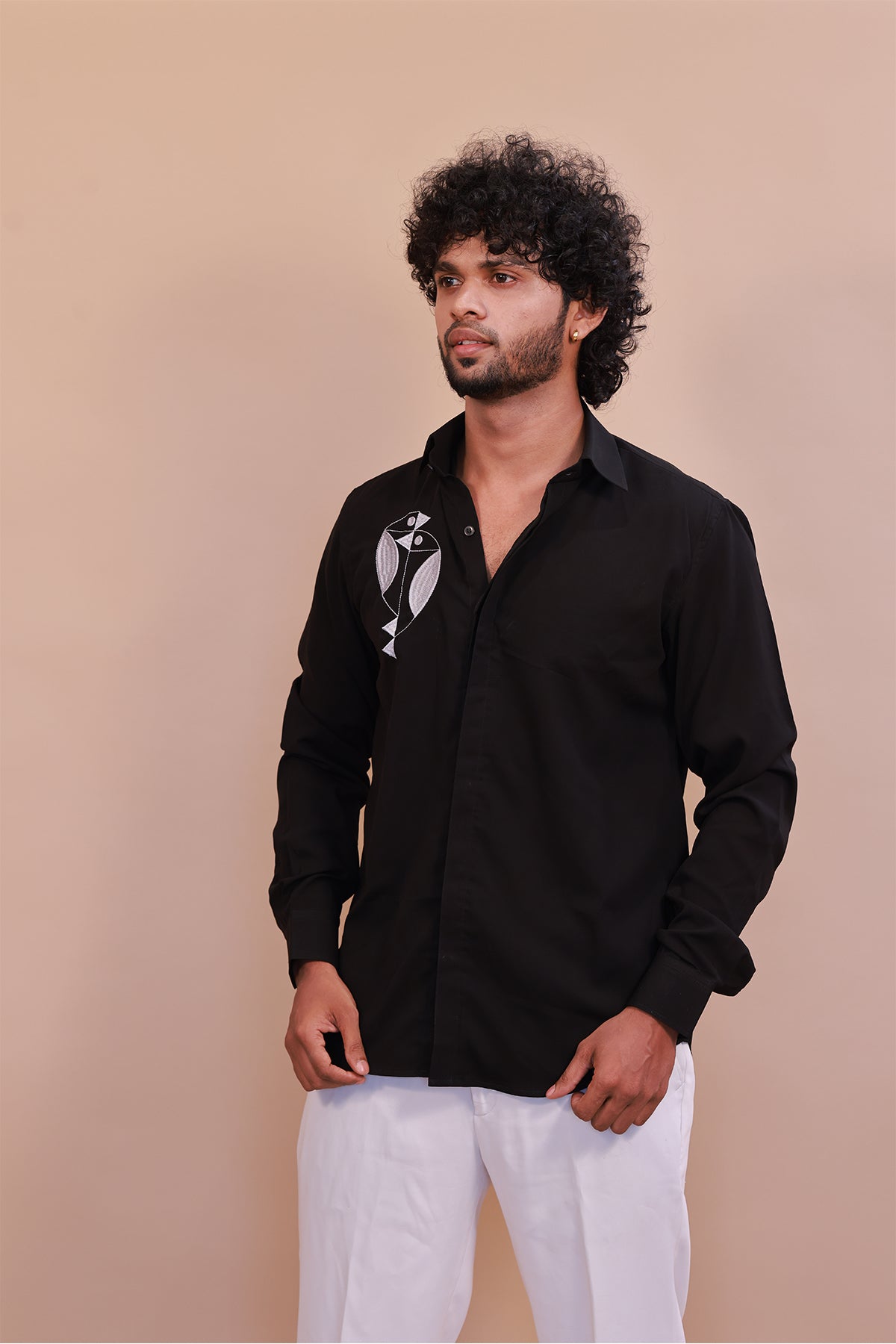 Black Designer Shirt with White Embroidered Bird Motif M Black Designer Shirt with White Embroidered Bird Motif M