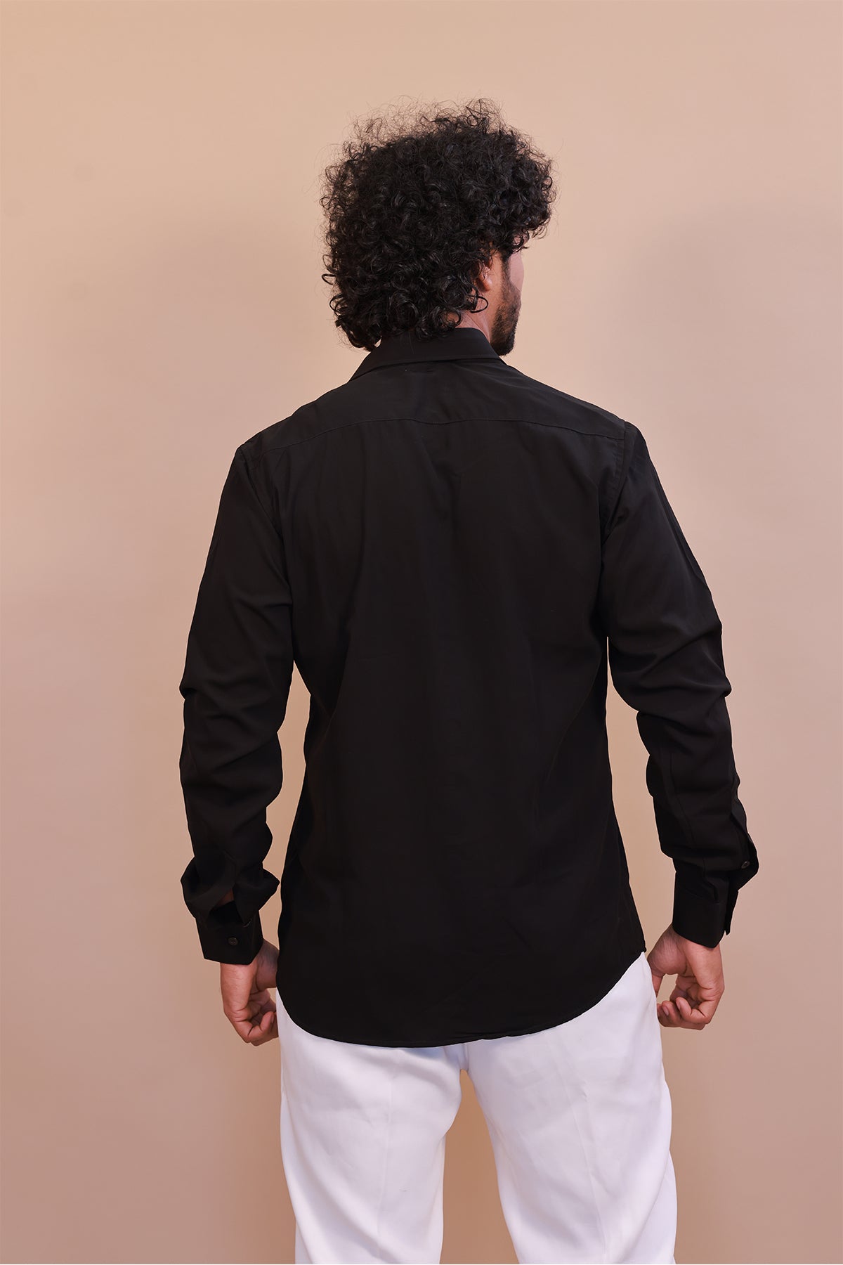 Black Designer Shirt with White Embroidered Bird Motif