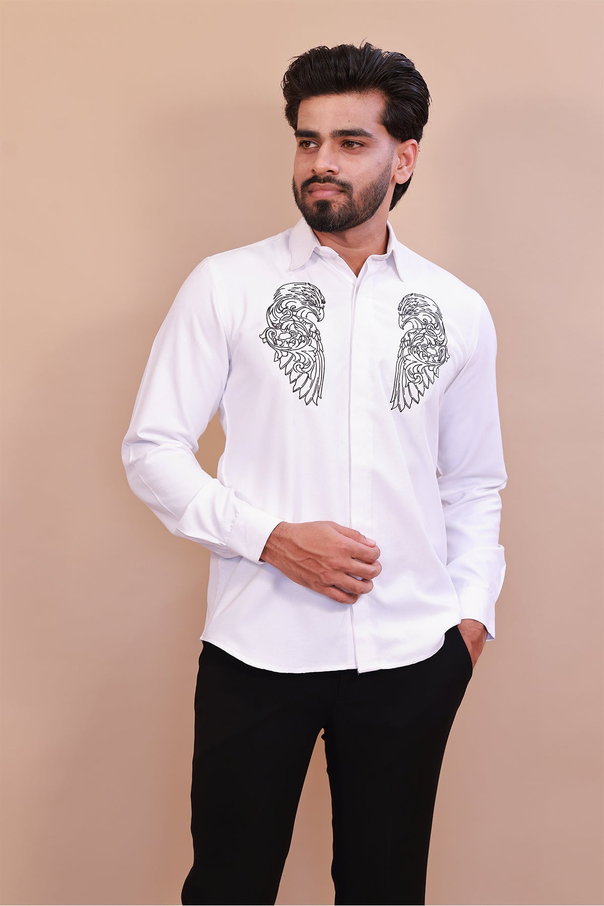 white dress shirt with design goTIELESS Ultimate Dress Shirt (White/Royal Palm)