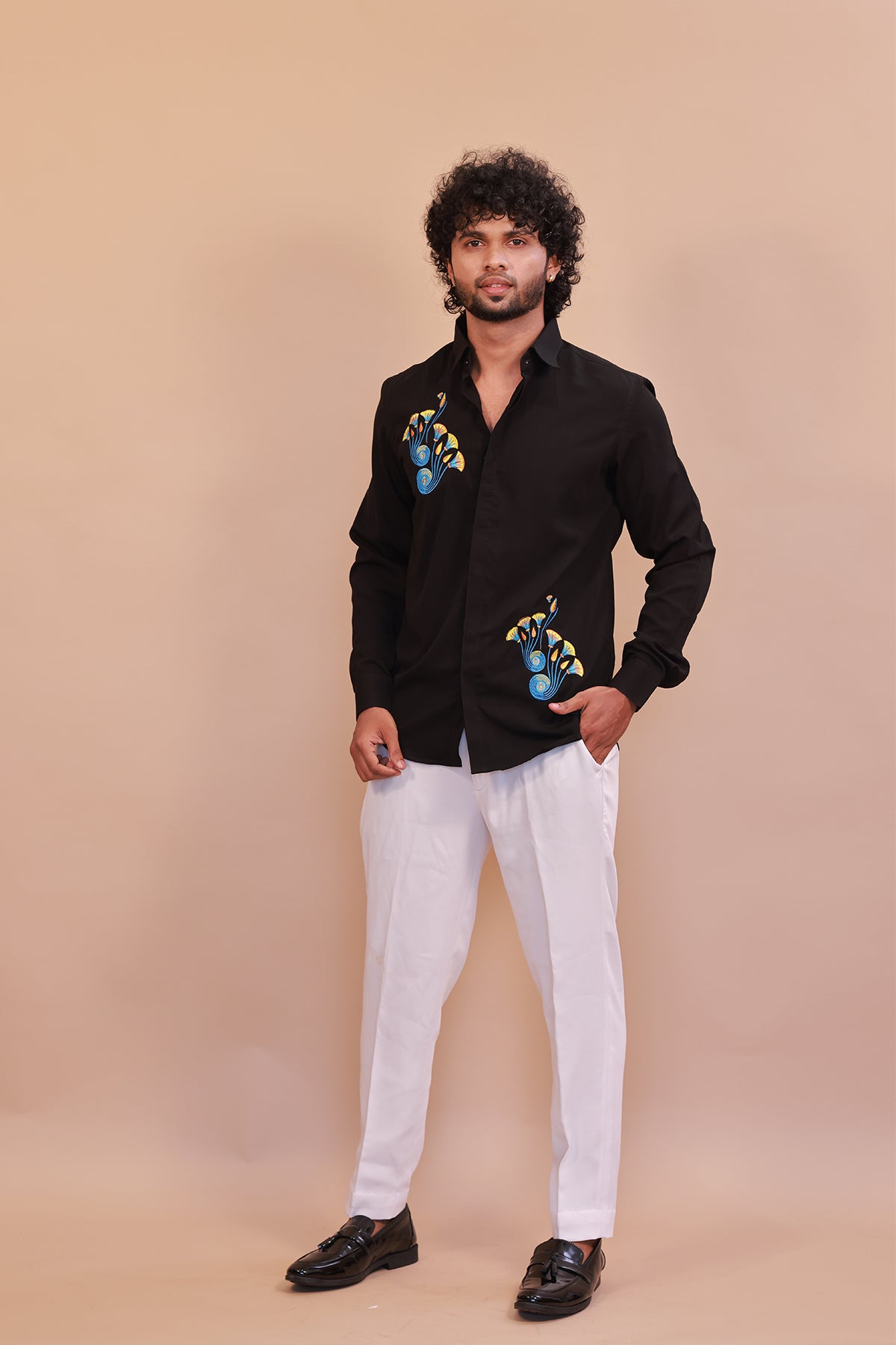 Men’s Black Embroidered Floral Shirt