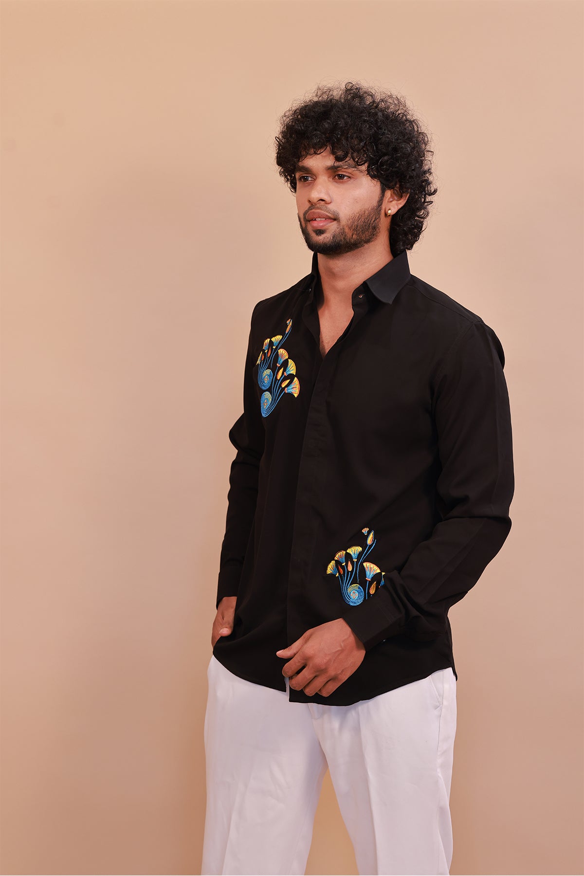 Men’s Black Embroidered Floral Shirt