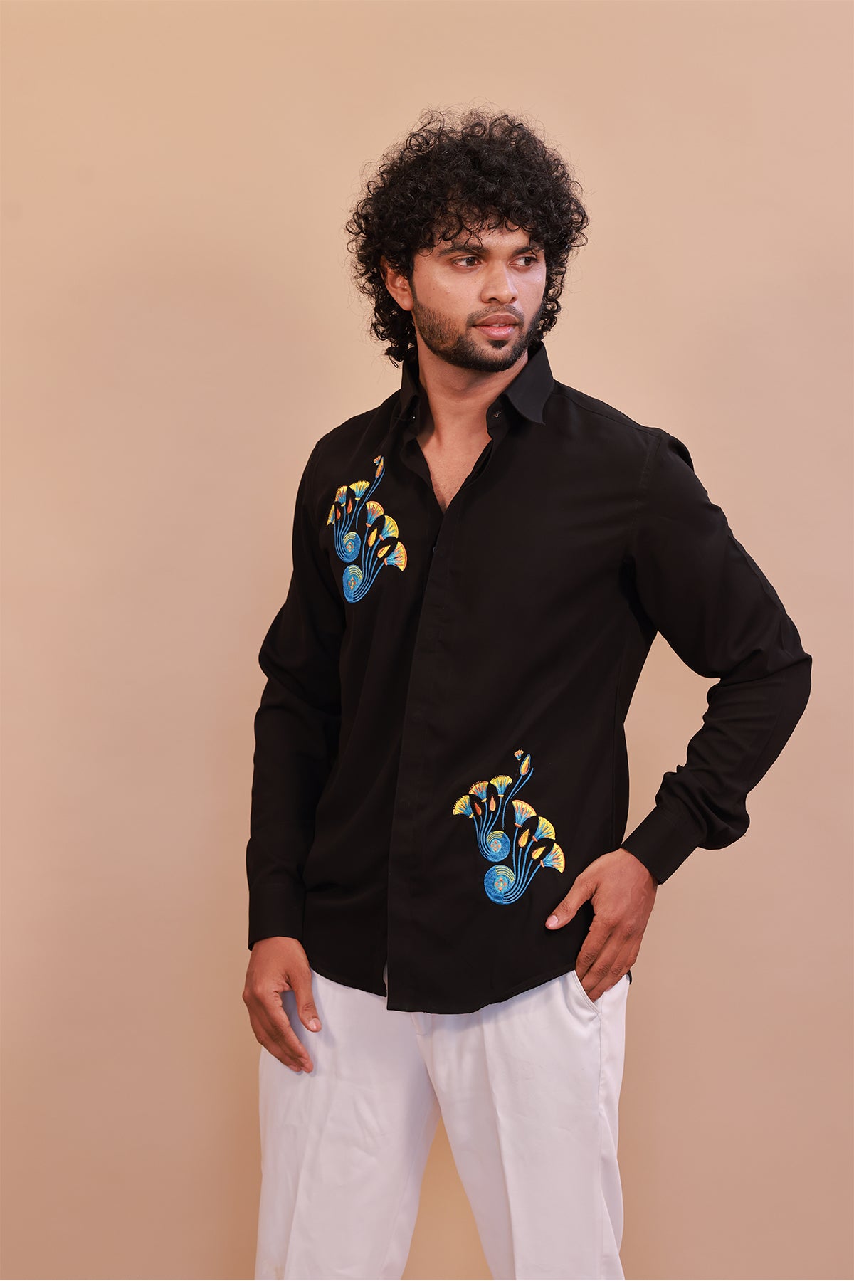 Men’s Black Embroidered Floral Shirt