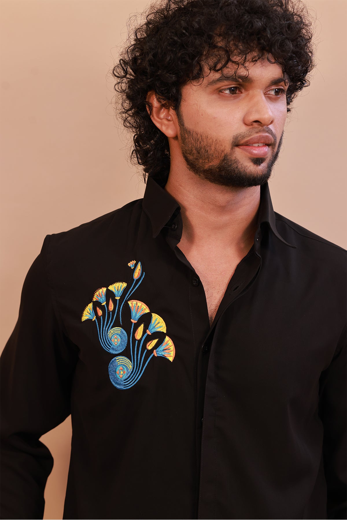 Men’s Black Embroidered Floral Shirt