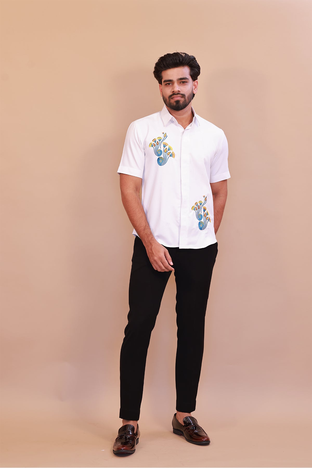 Men’s White Embroidered Floral Shirt
