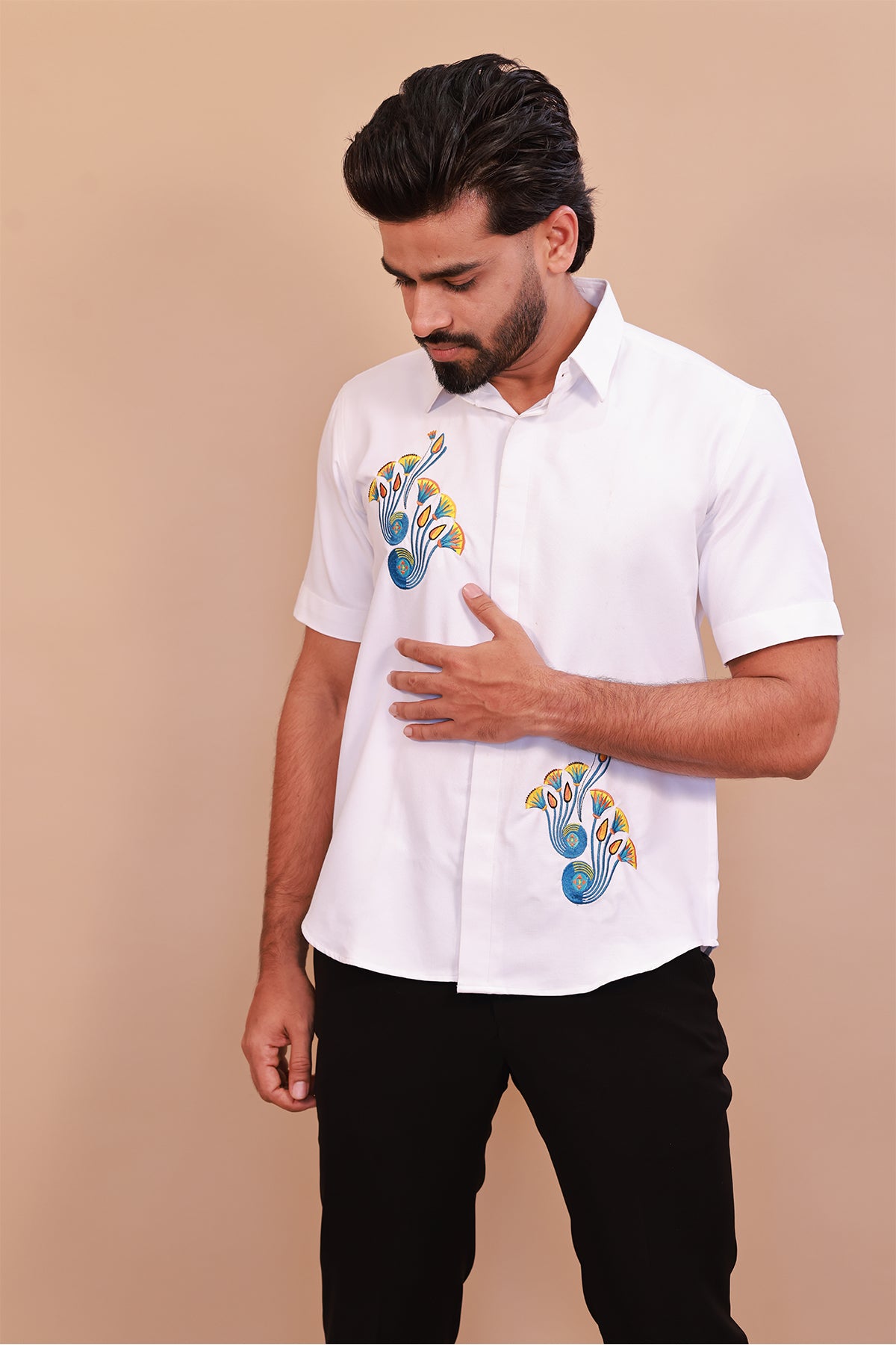 Men’s White Embroidered Floral Shirt
