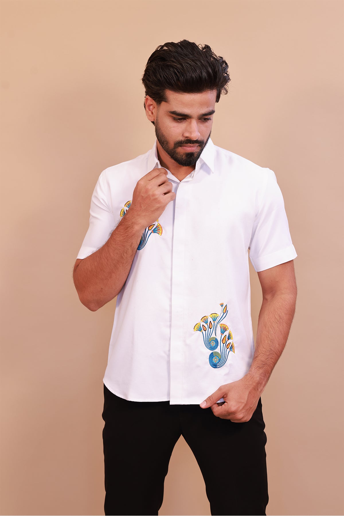 Men’s White Embroidered Floral Shirt