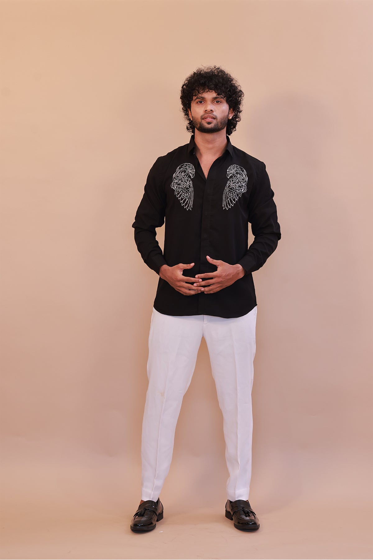 Black Shirt with Intricate White Eagle Embroidery – Classic Embroidered Shirt for Men