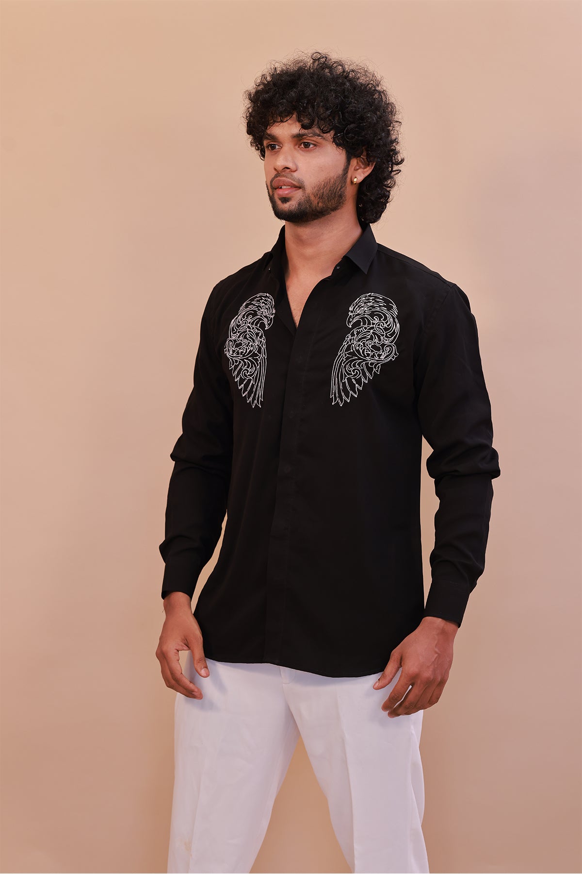 Black Shirt with Intricate White Eagle Embroidery – Classic Embroidered Shirt for Men
