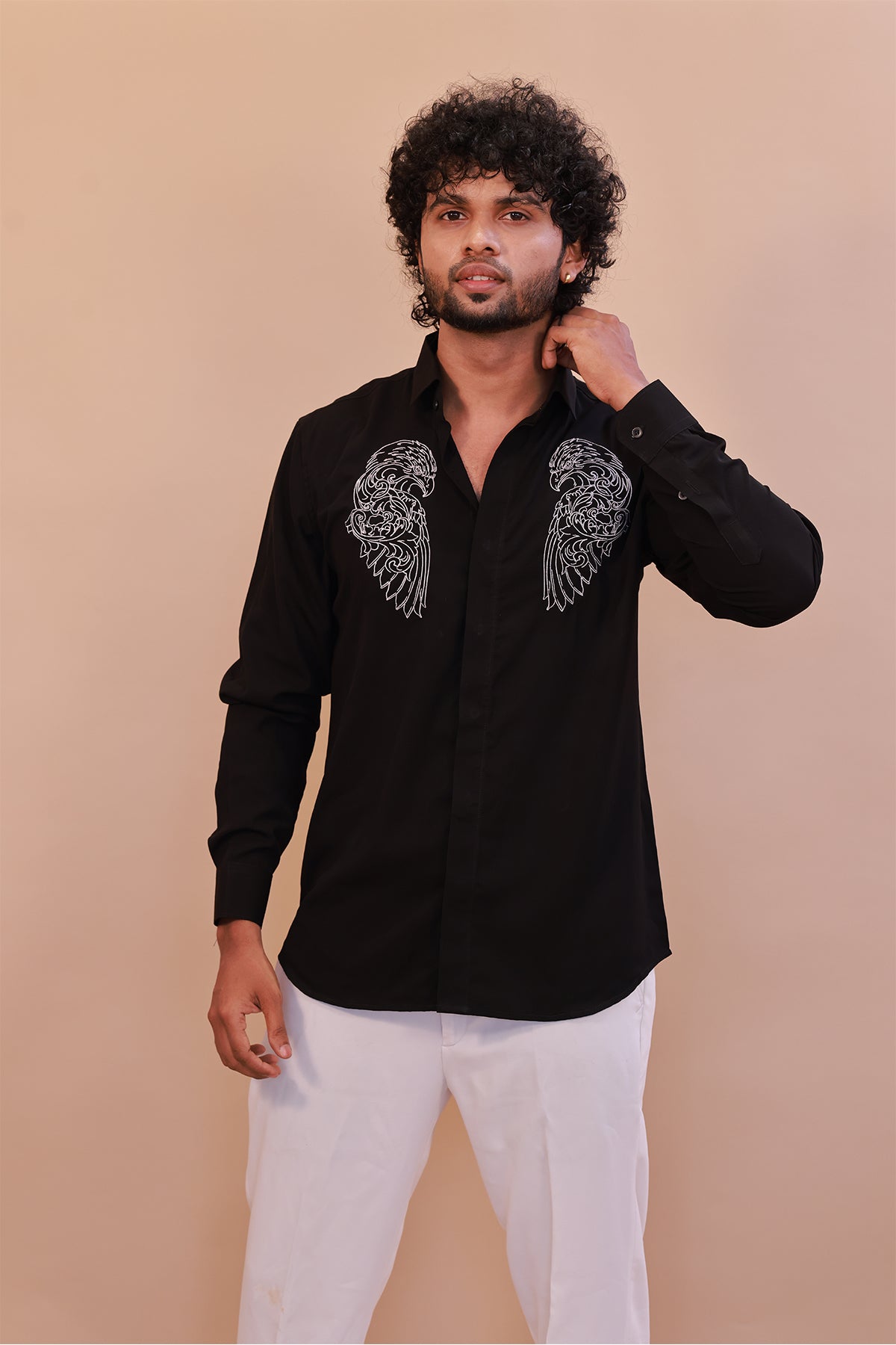 Black Shirt with Intricate White Eagle Embroidery – Classic Embroidered Shirt for Men
