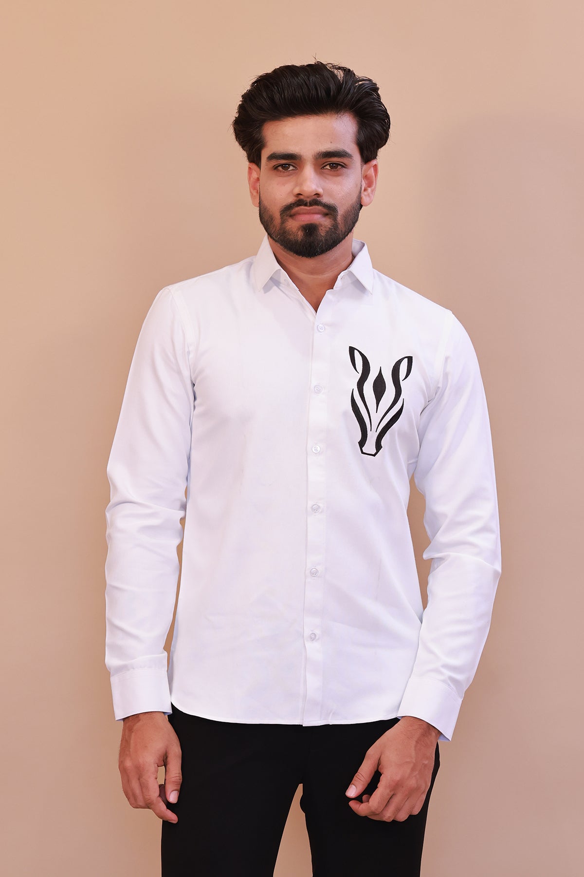 Elegant White Shirt with Black Deer Motif Embroidery
