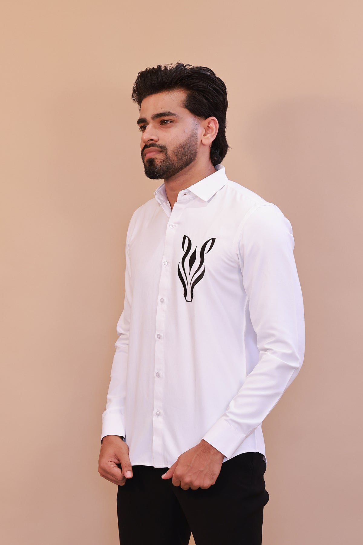 Elegant White Shirt with Black Deer Motif Embroidery