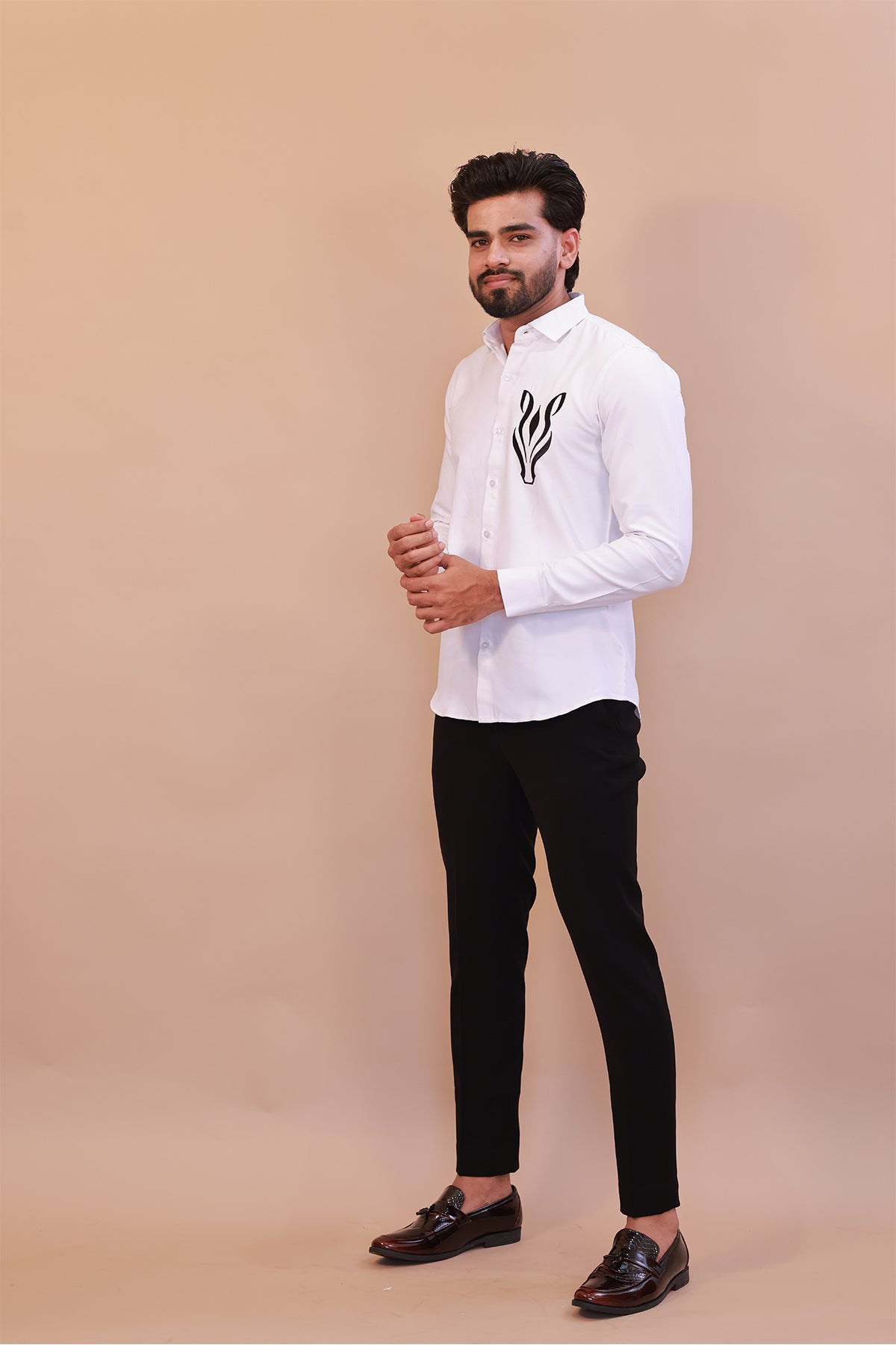 Elegant White Shirt with Black Deer Motif Embroidery