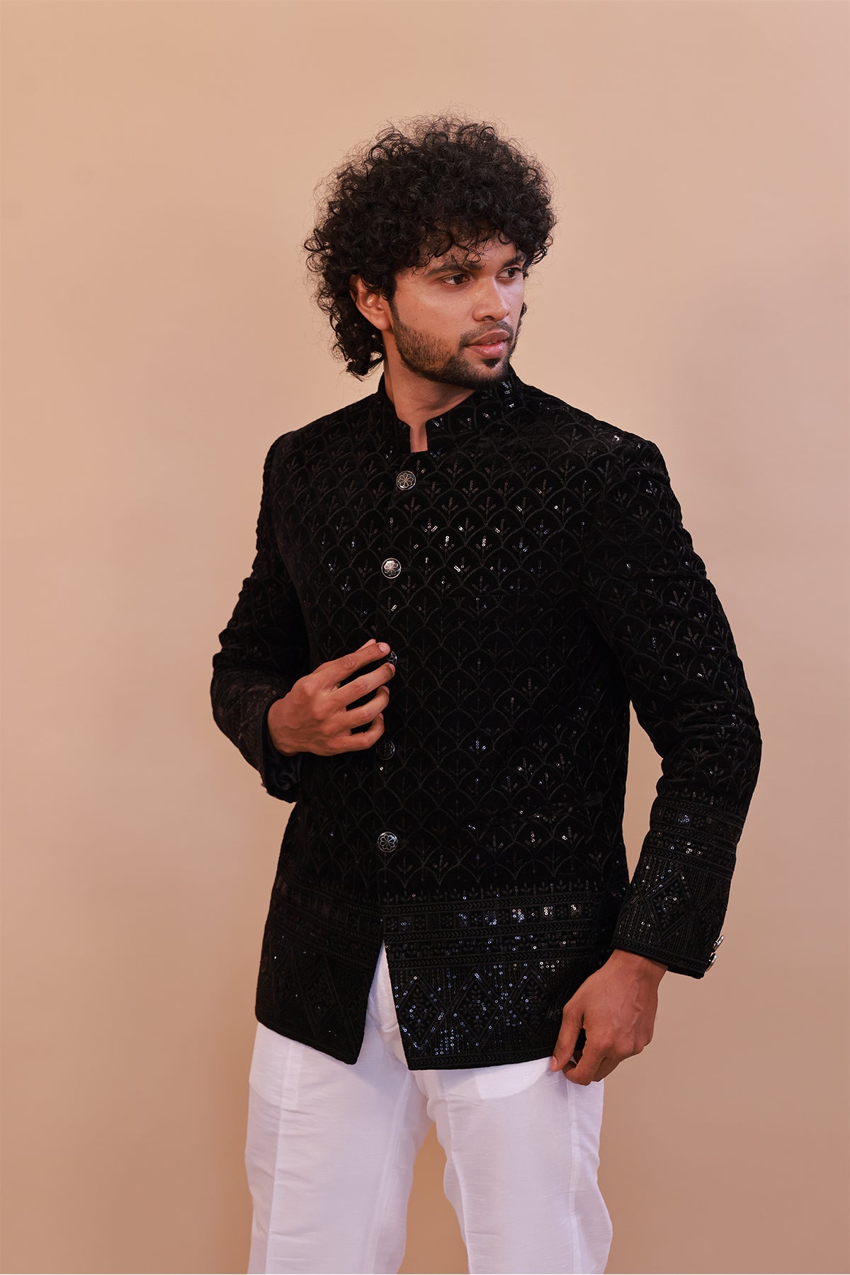 Black Velvet Jodhpuri Coat with Embroidered Self-Thread Design