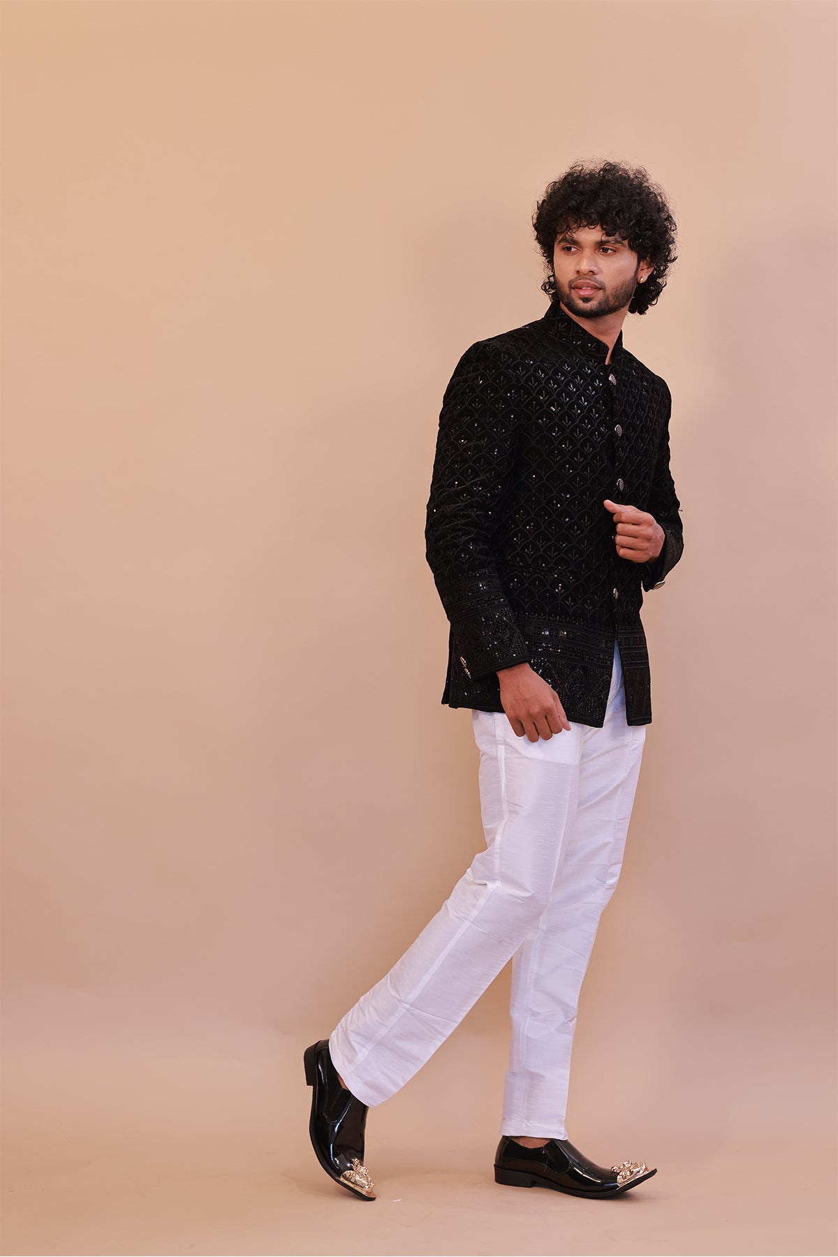 Black Velvet Jodhpuri Coat with Embroidered Self-Thread Design