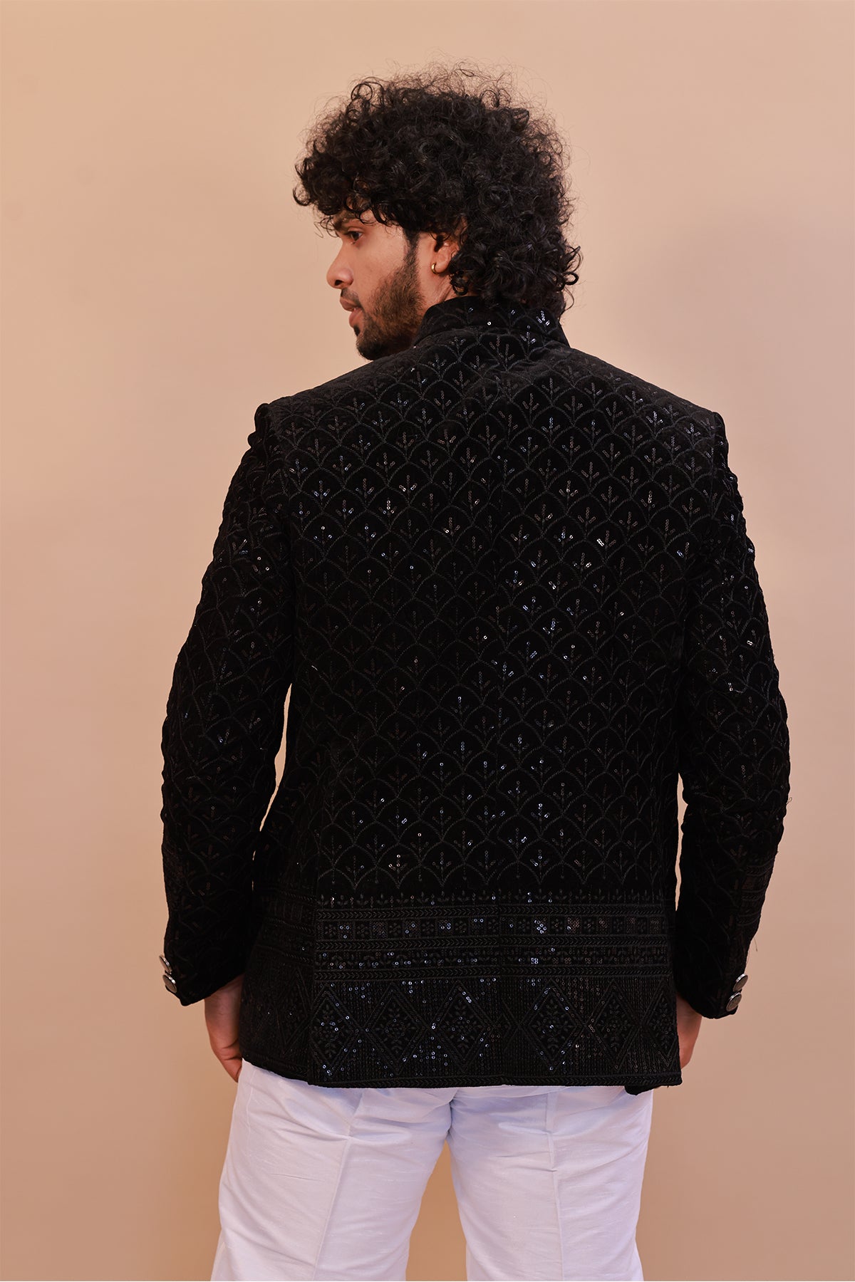 Black Velvet Jodhpuri Coat with Embroidered Self-Thread Design