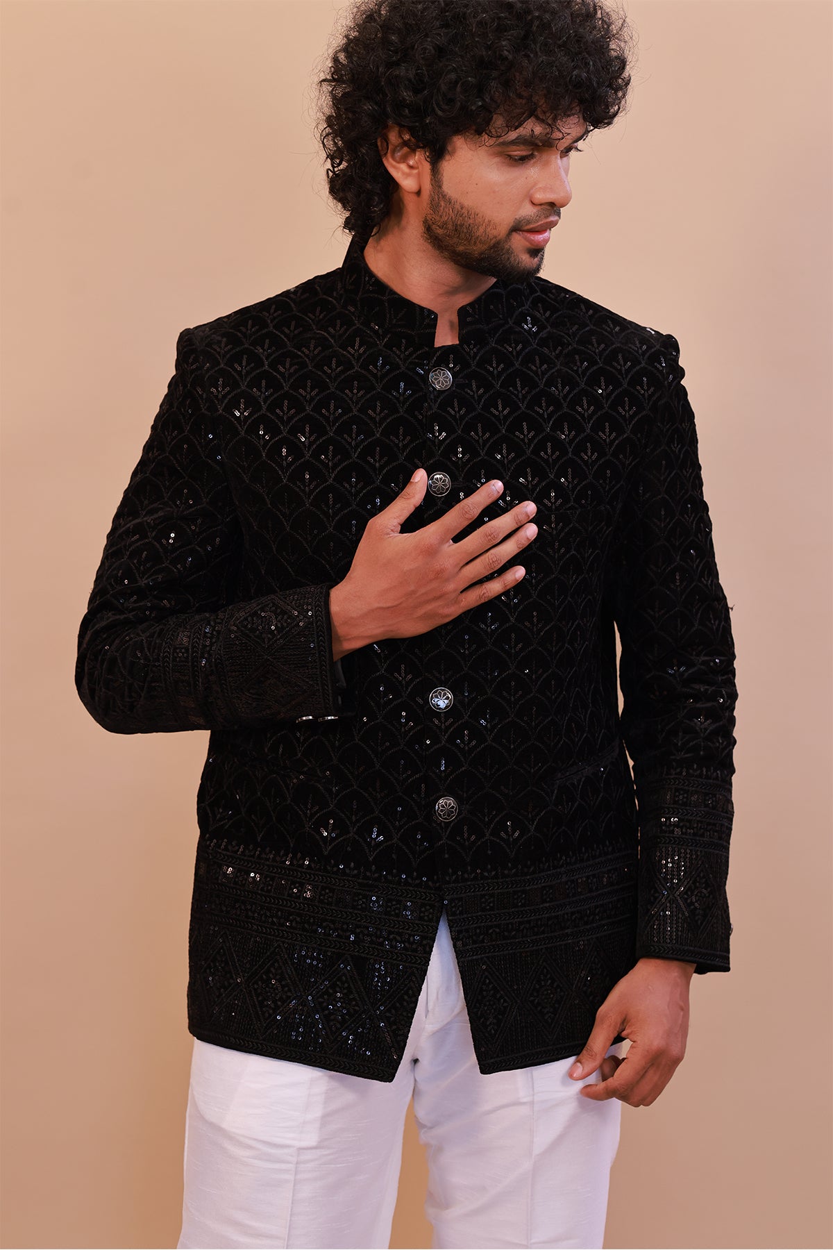 Black Velvet Jodhpuri Coat with Embroidered Self-Thread Design