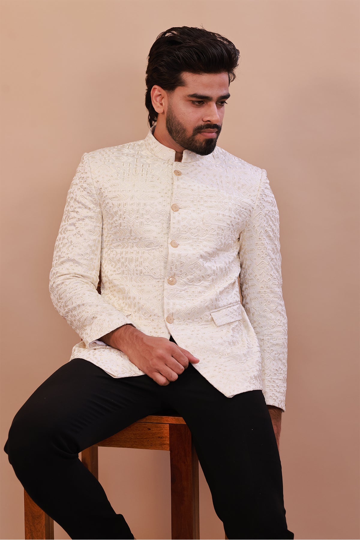 Men’s White Jodhpuri Suit with Intricate Self Embroidery – Perfect for Weddings