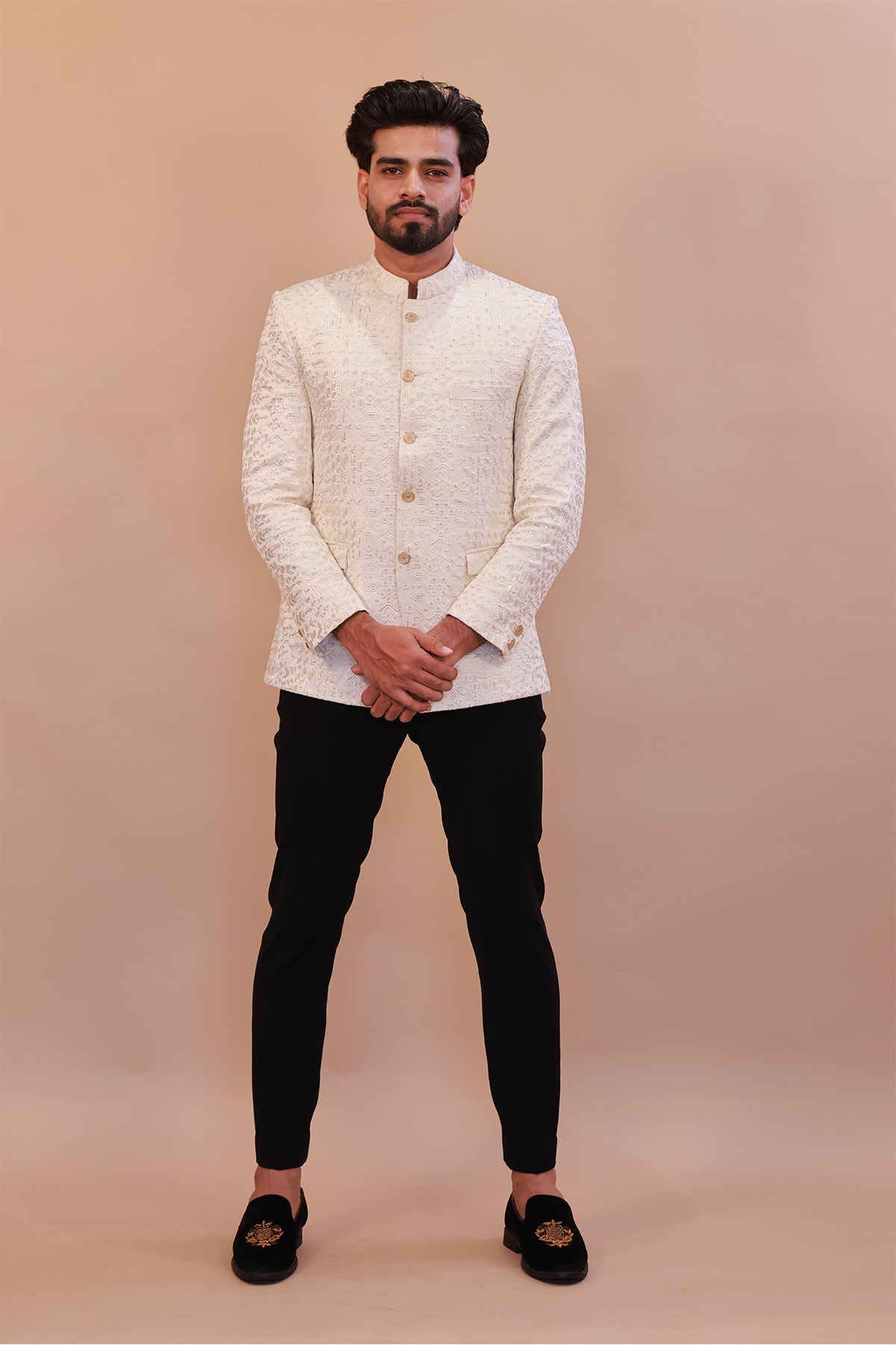 Men’s White Jodhpuri Suit with Intricate Self Embroidery – Perfect for Weddings