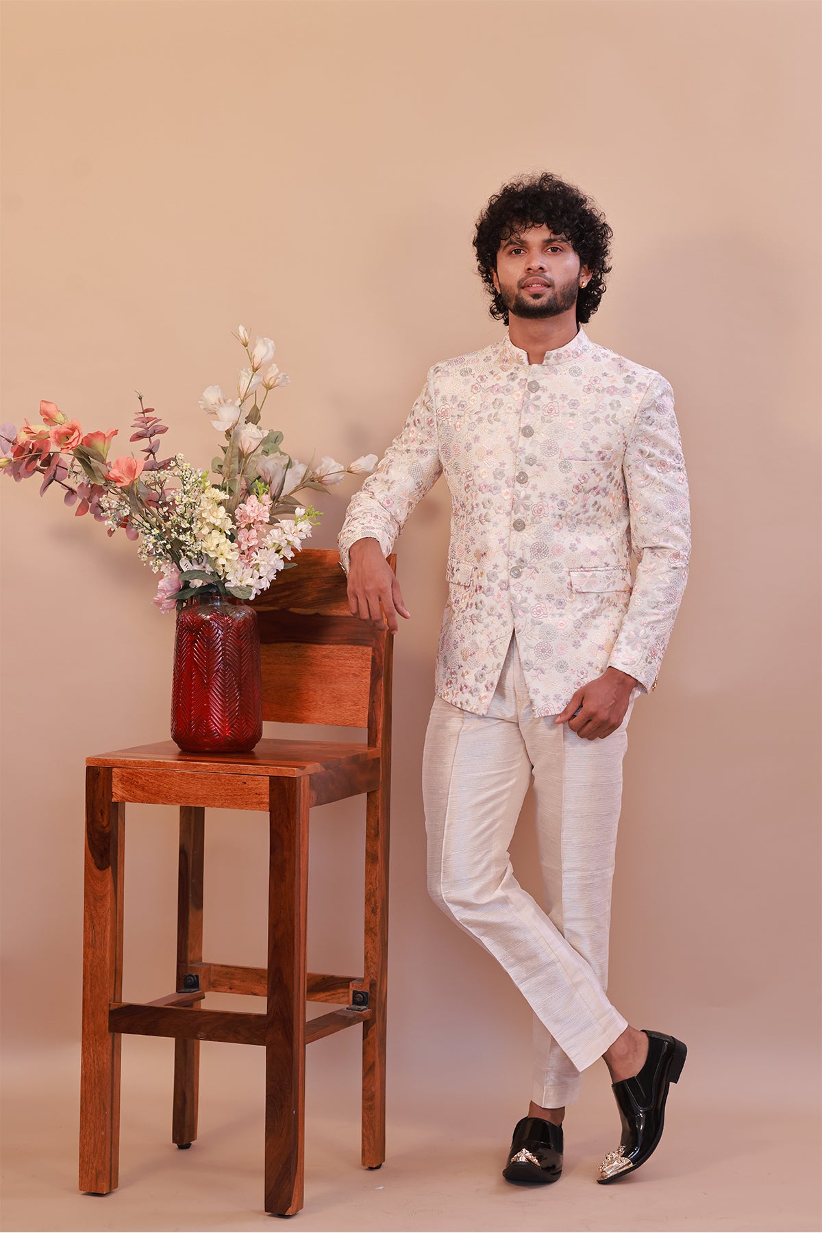 Men’s Whitefloral Jodhpuri Suit with Intricate Self Embroidery – Perfect for Weddings