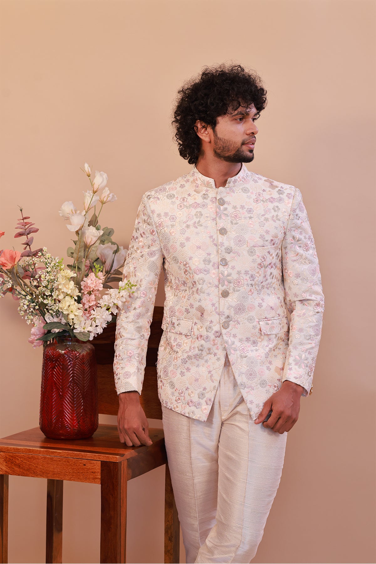 Men’s Whitefloral Jodhpuri Suit with Intricate Self Embroidery – Perfect for Weddings