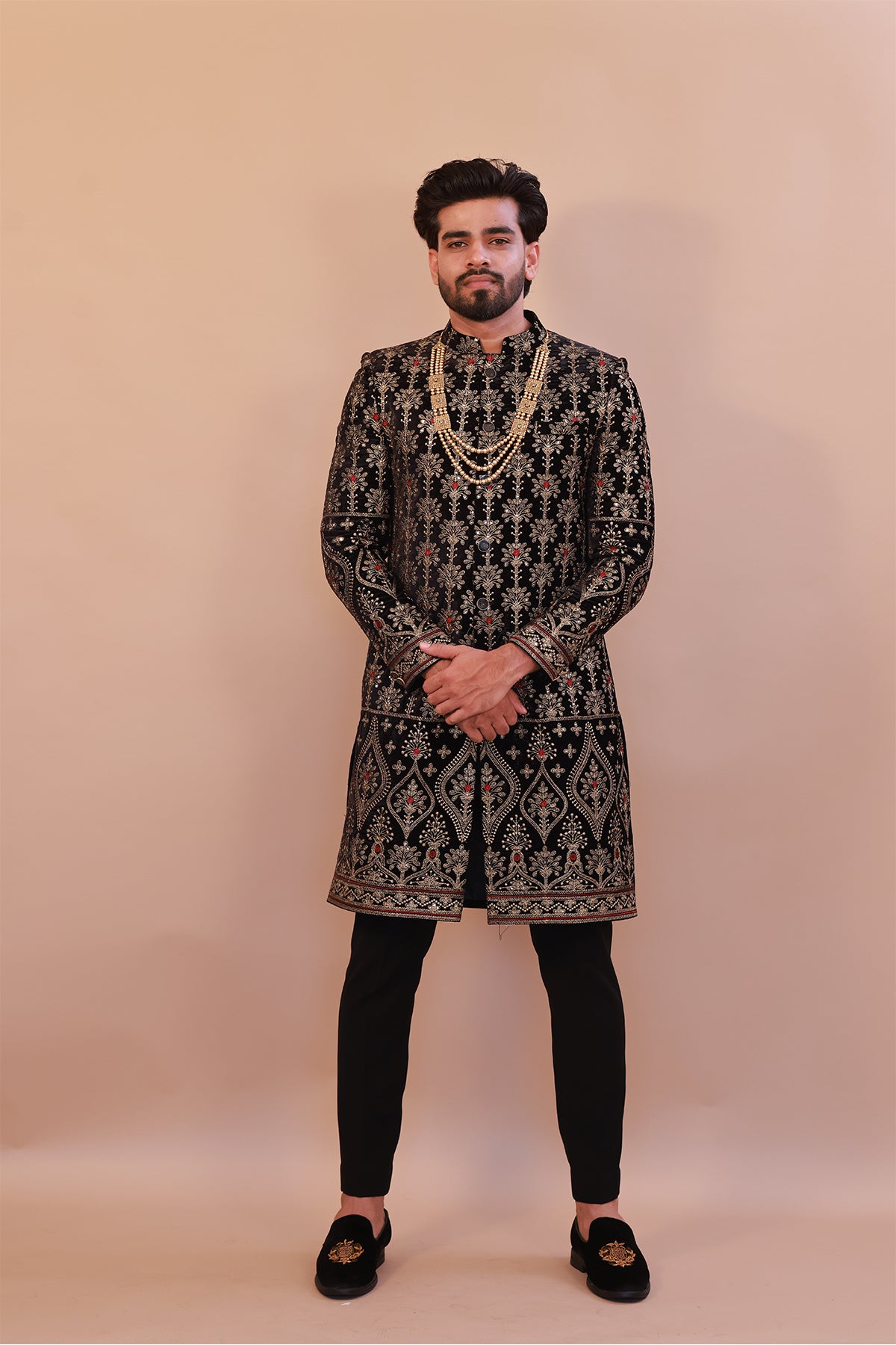 Majestic Black Velvet Sherwani with Traditional Gold Embroidery