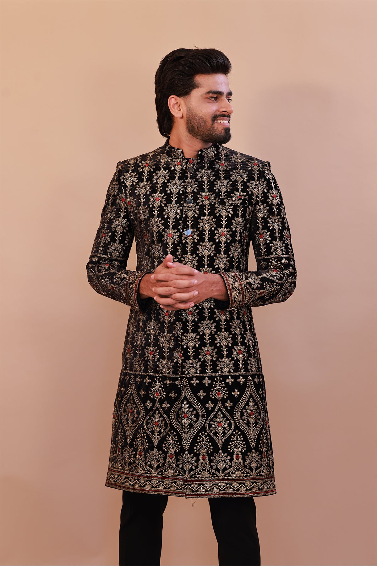 Majestic Black Velvet Sherwani with Traditional Gold Embroidery