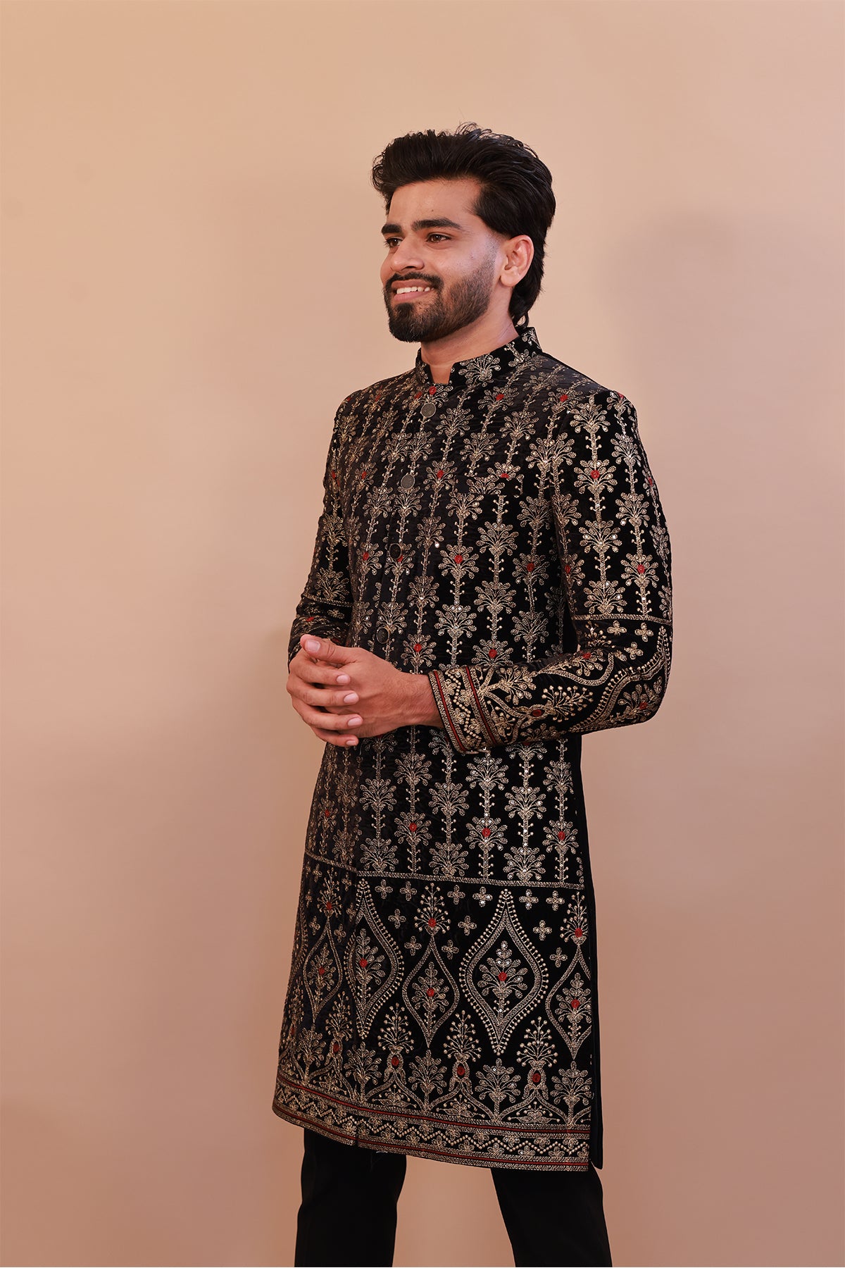 Majestic Black Velvet Sherwani with Traditional Gold Embroidery