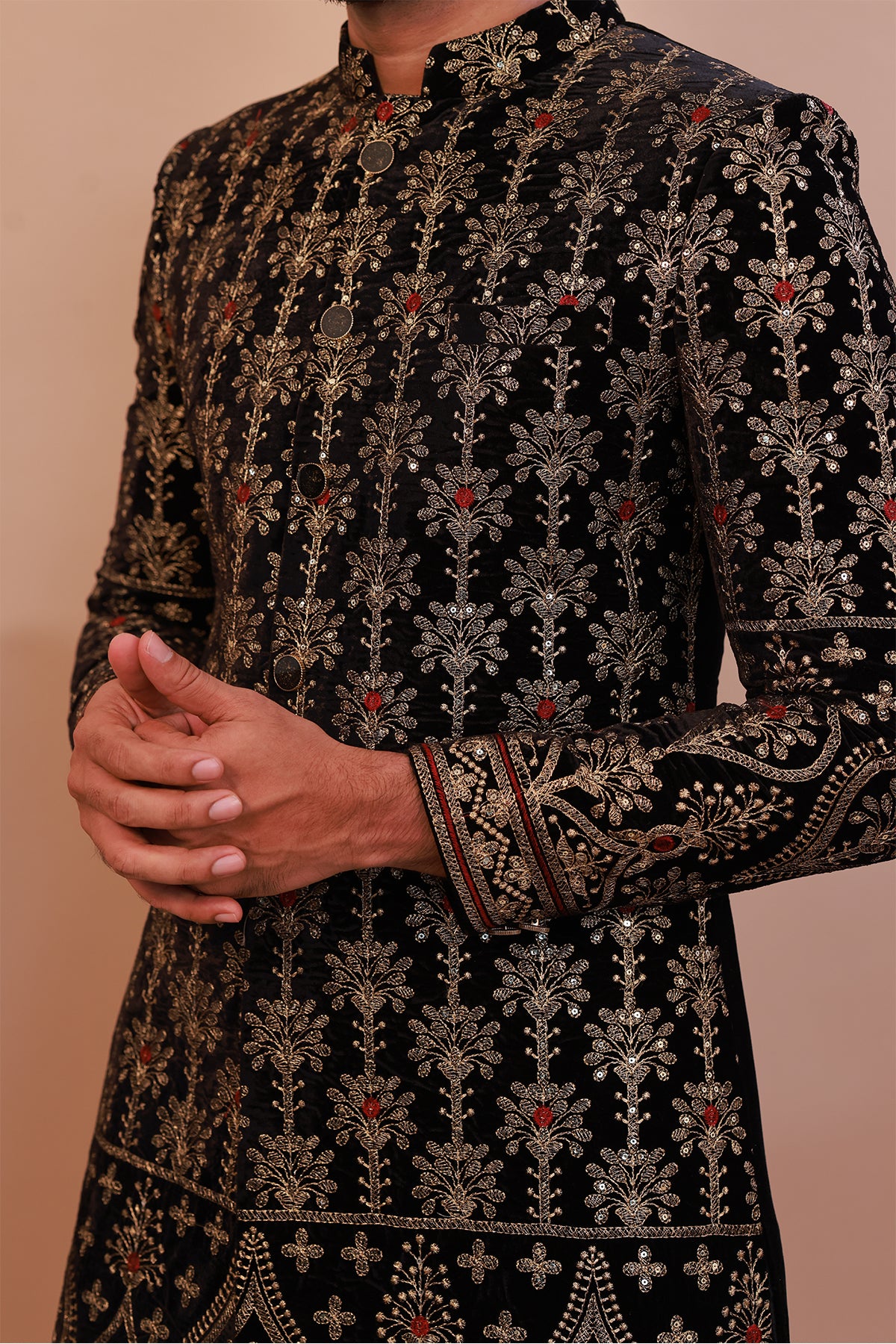 Majestic Black Velvet Sherwani with Traditional Gold Embroidery