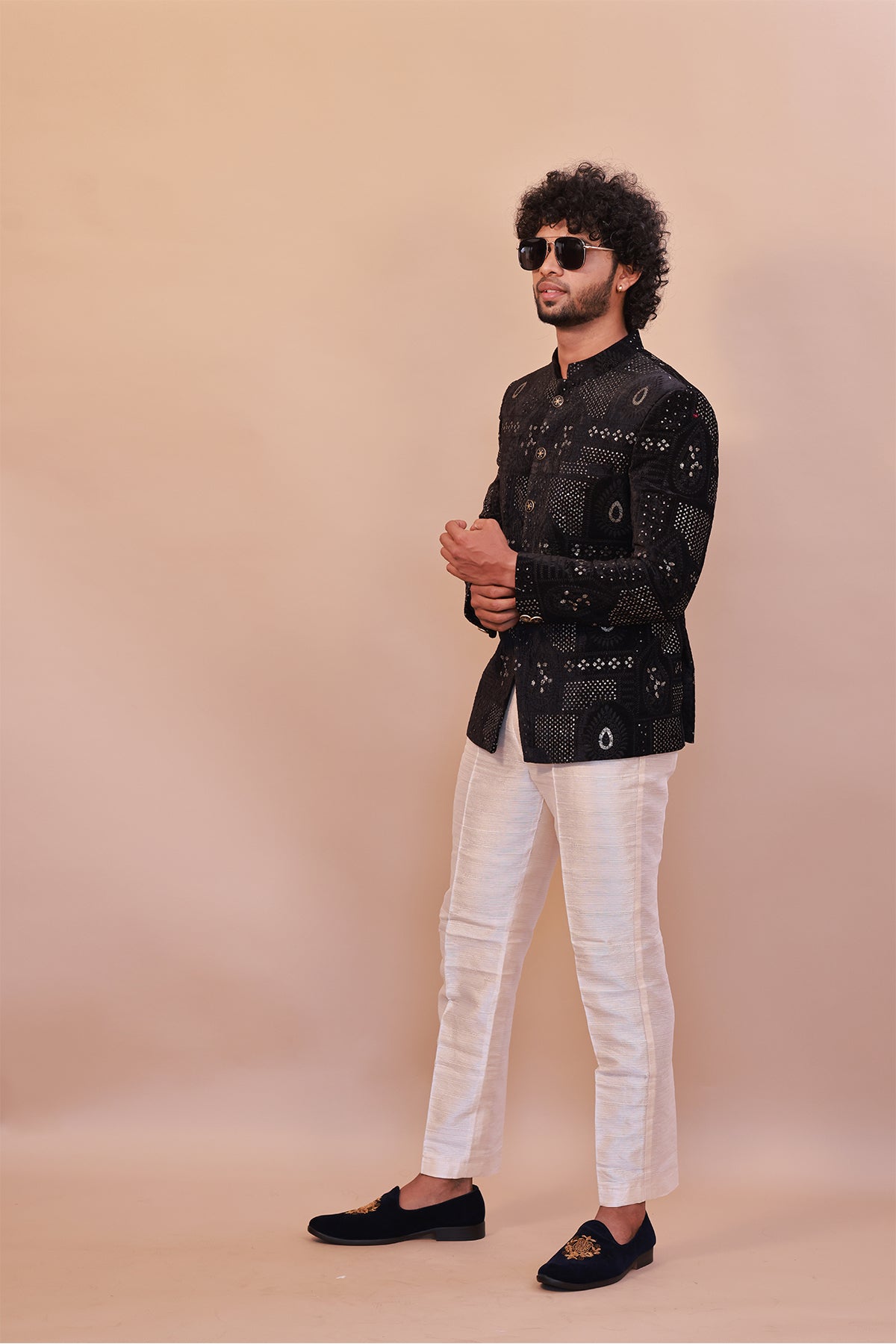 Royal Black Velvet Jodhpuri Jacket with Embroidered Details