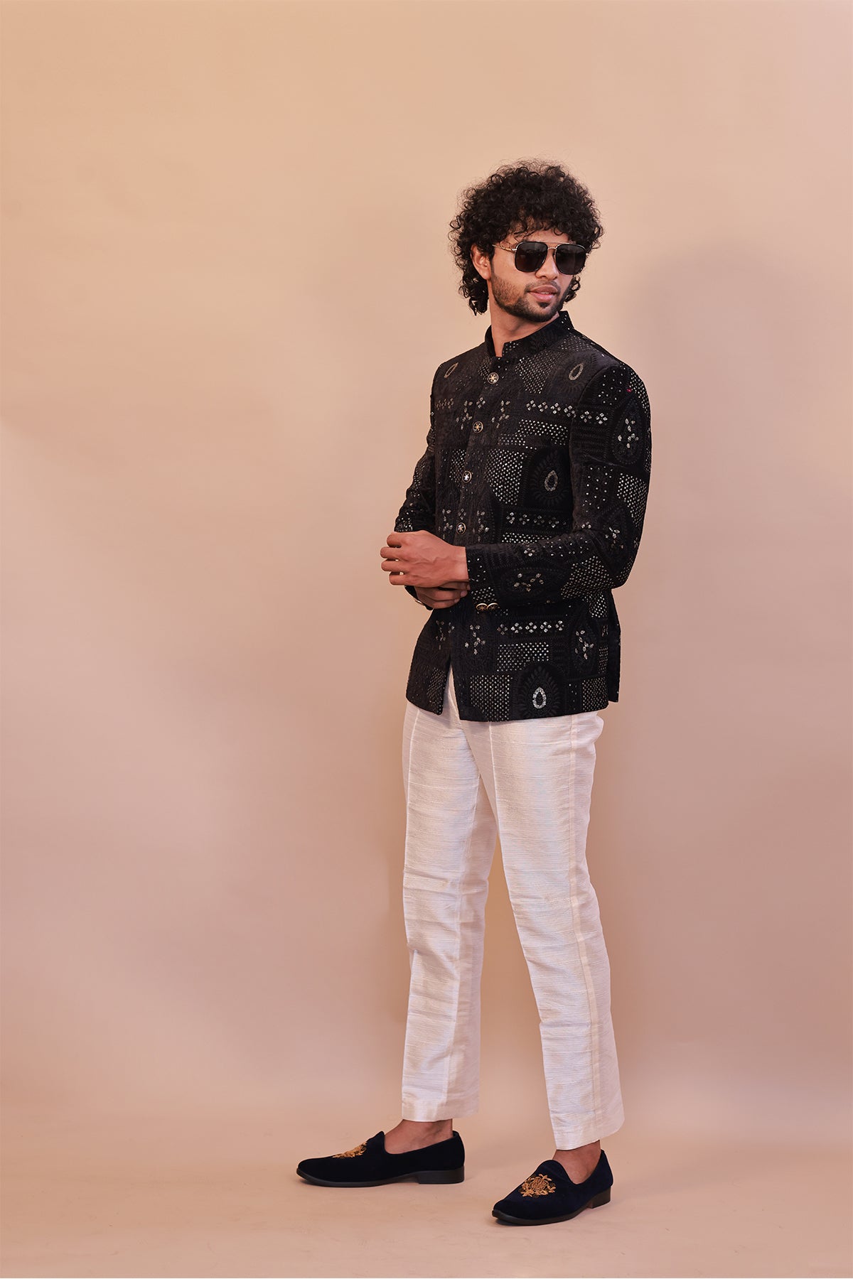 Royal Black Velvet Jodhpuri Jacket with Embroidered Details