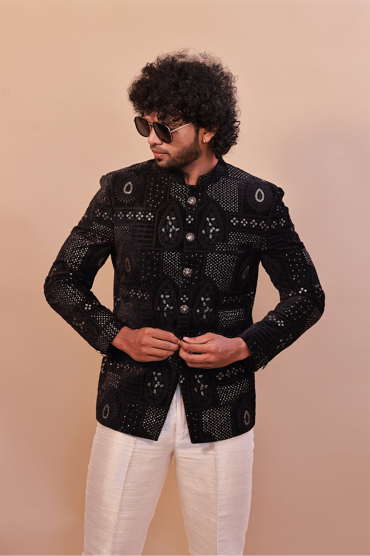 Royal Black Velvet Jodhpuri Jacket with Embroidered Details