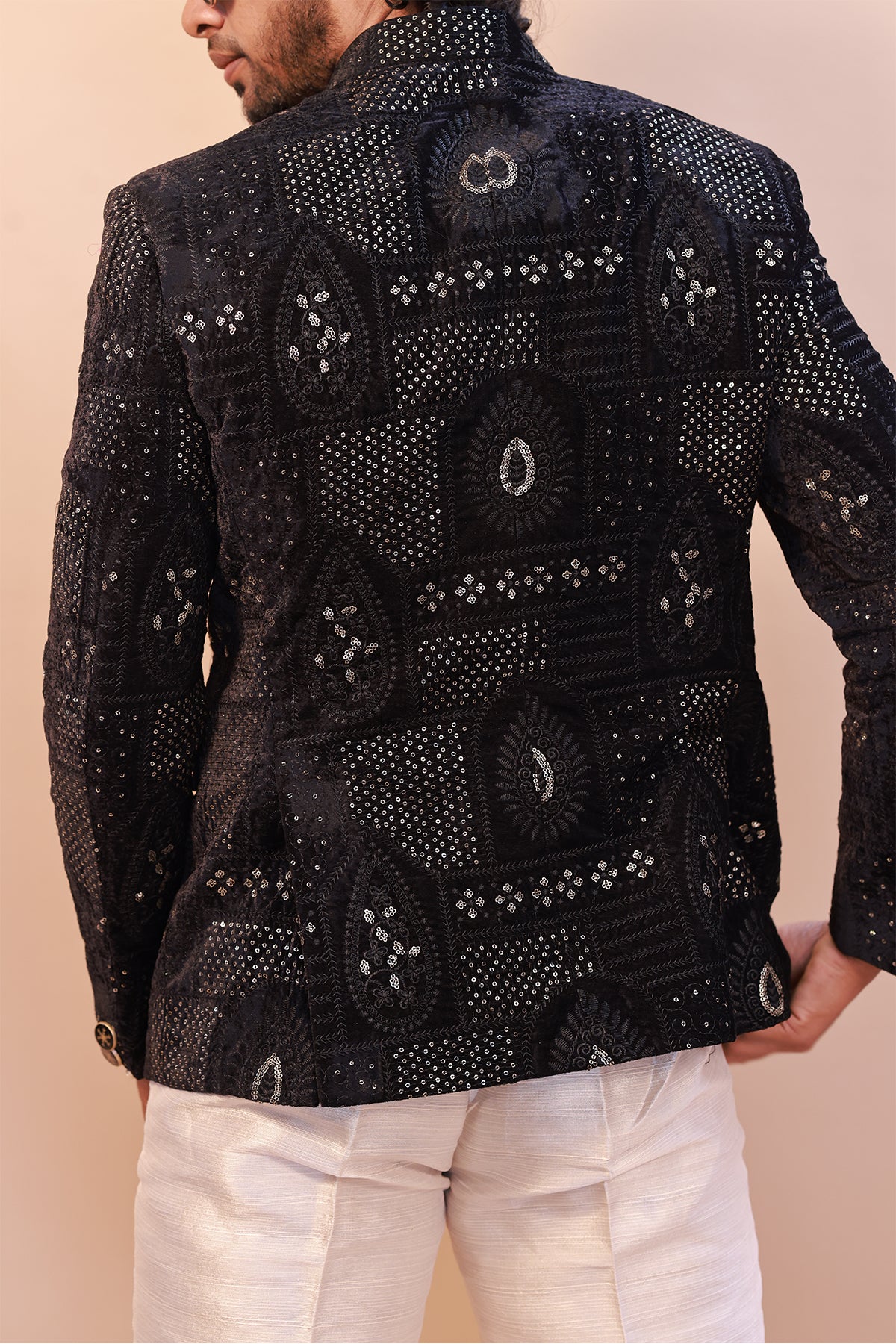 Royal Black Velvet Jodhpuri Jacket with Embroidered Details