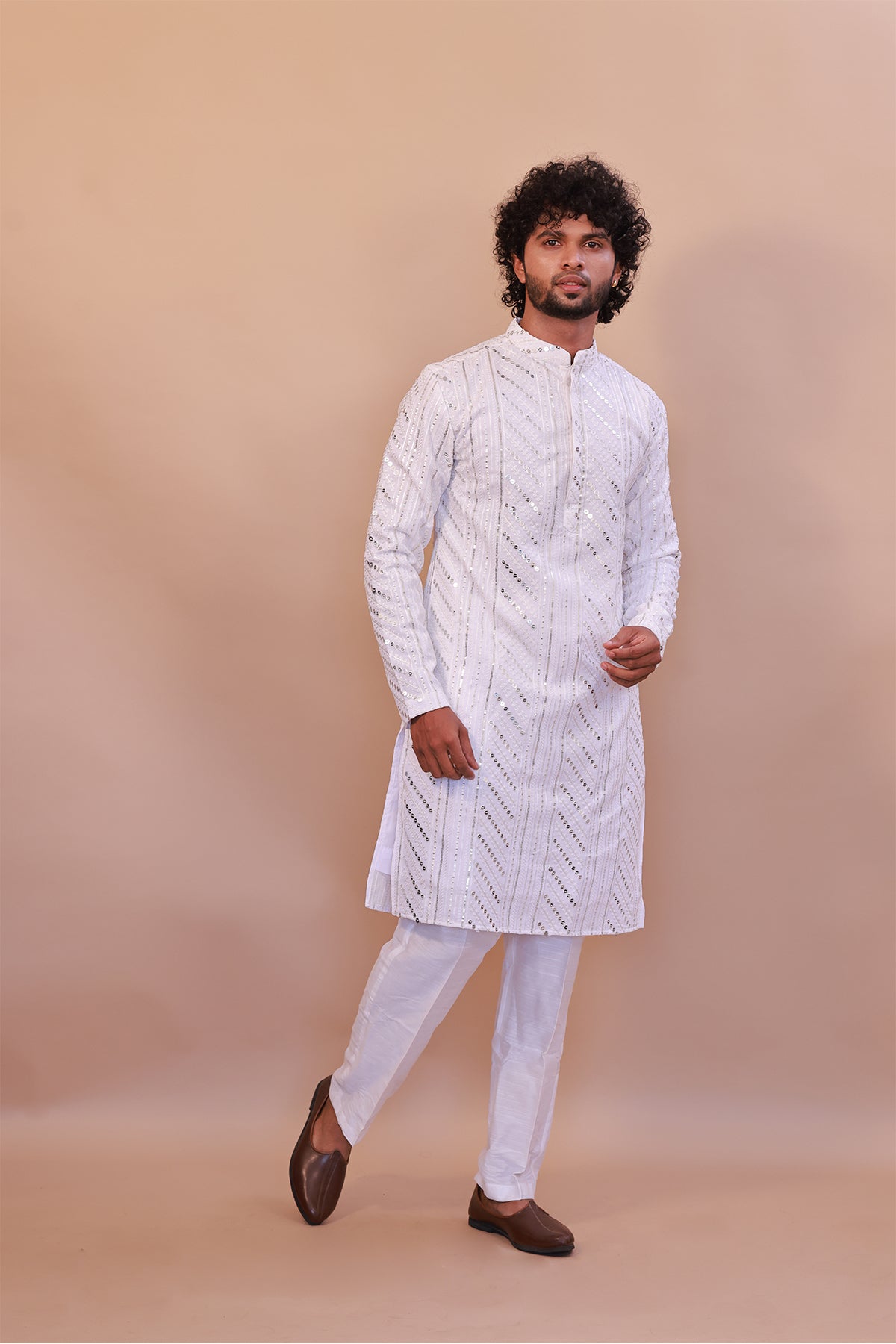 Men's White Malai Kurta with Sequence Self-Work & Stylish Pant