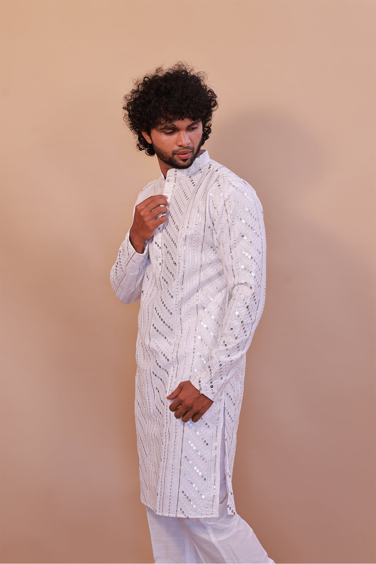 Men's White Malai Kurta with Sequence Self-Work & Stylish Pant