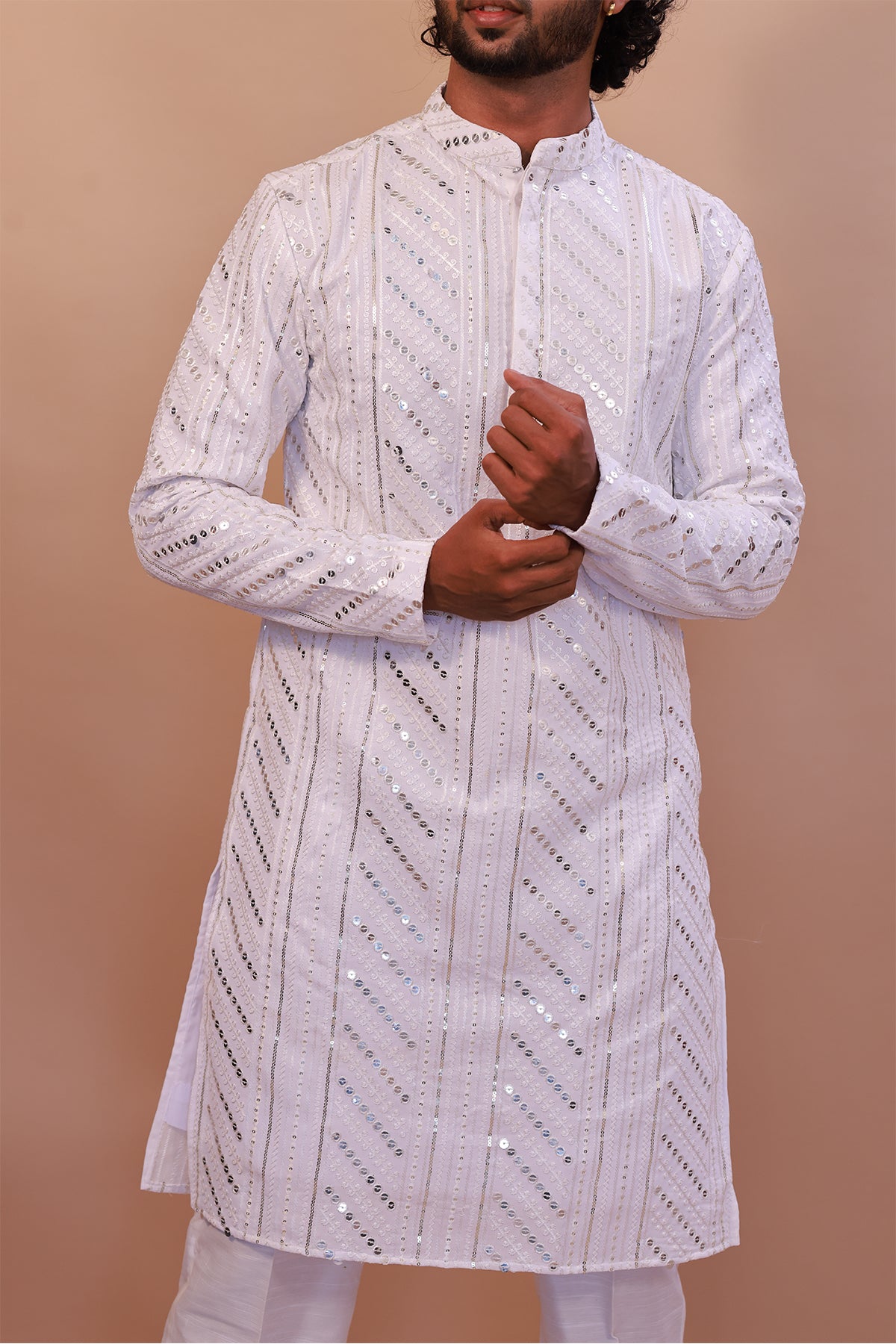 Men's White Malai Kurta with Sequence Self-Work & Stylish Pant